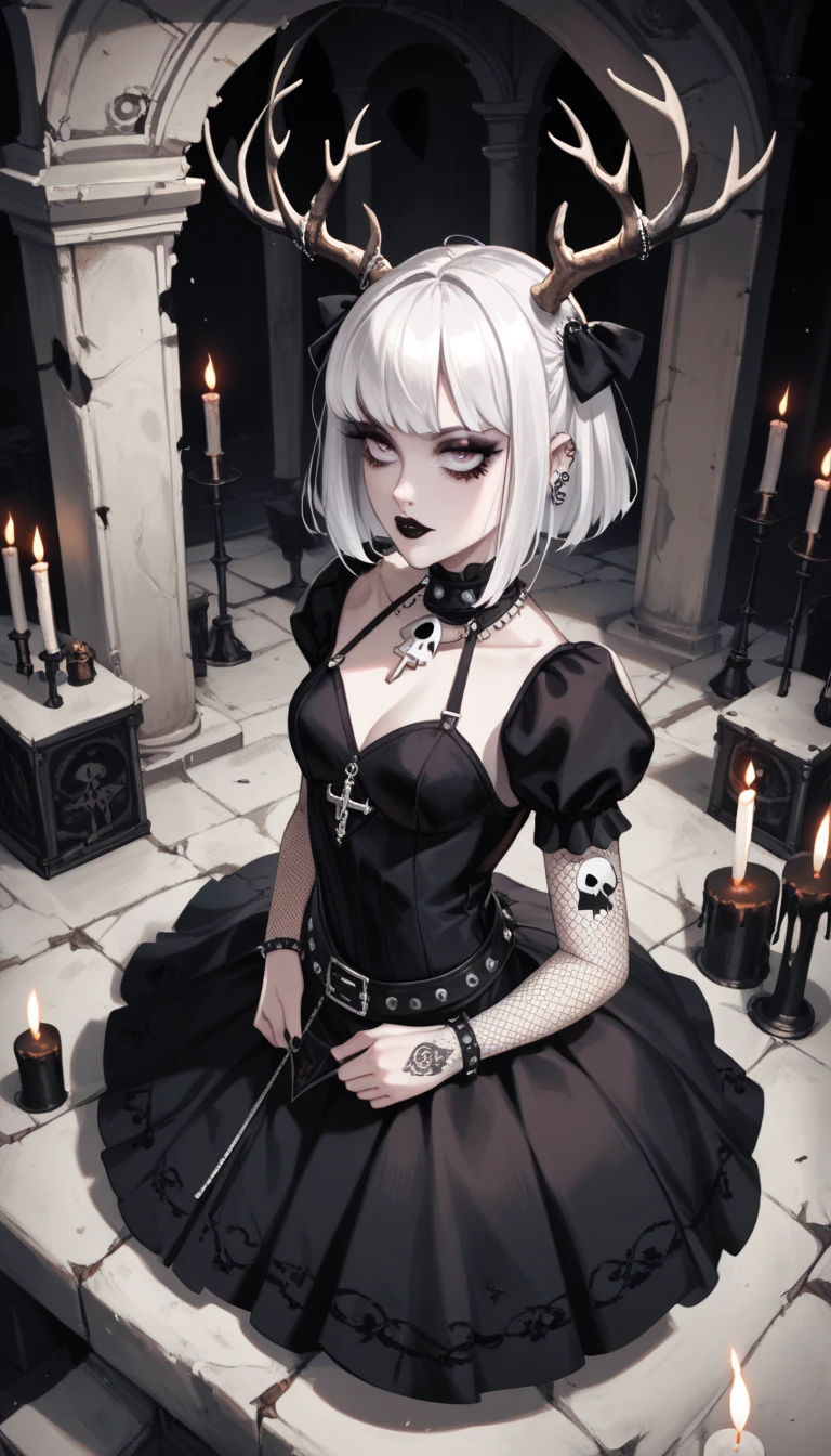  score_4_above,  goth girl ,  ornate black dress , antlers,  White hair with bangs, Ojos rojos, pale skin, Naturaleza, (exceptional composition ), (Dark tones), skulls around , candles, (ruins background )