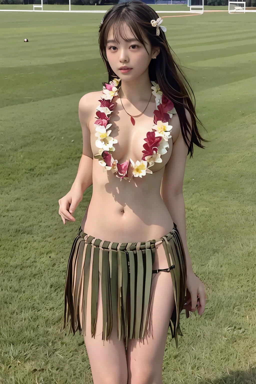  Photorealistic、( young woman、女子 College Student 、、 College Student )、cute、 beauty、Good looking、 beautiful skin in NFSW、 、 medium chest 、 beautiful body line、( no bra、 shirtless)、
Hula Dancer / Naked Lei Flower Necklace / Grass Skirt /  hula dance、(ground、Ground、学校のGround、 Sports Fields、Schoolyard:1.4)