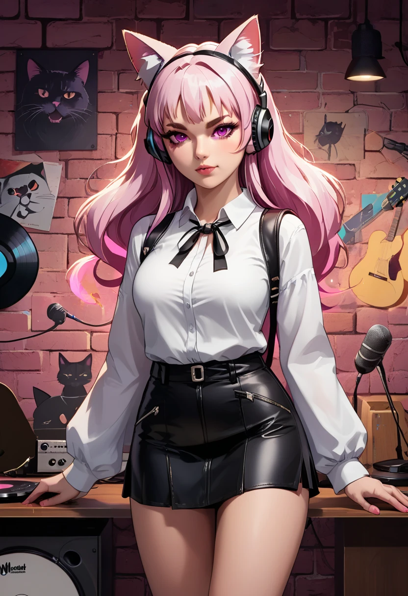  score_9,  score_8_above,  score_8, 1 girl, mature female, Alone,  split-color hair, MIX OF AND HAIR ,   long hair, Open bangs, large headphones ,cat ears,  purple-pink eyes ,source_animated, mini leather skirt,  thick thighs,  wide hips, casual black clothes,white blouse, brasier,  black leather jacket  , with a background of ( Vinyl records on a brick wall), music studio ,(neon lights), ( stylized collage ), ( LegendDarkFantasy ,, memphisstyle-6750 )