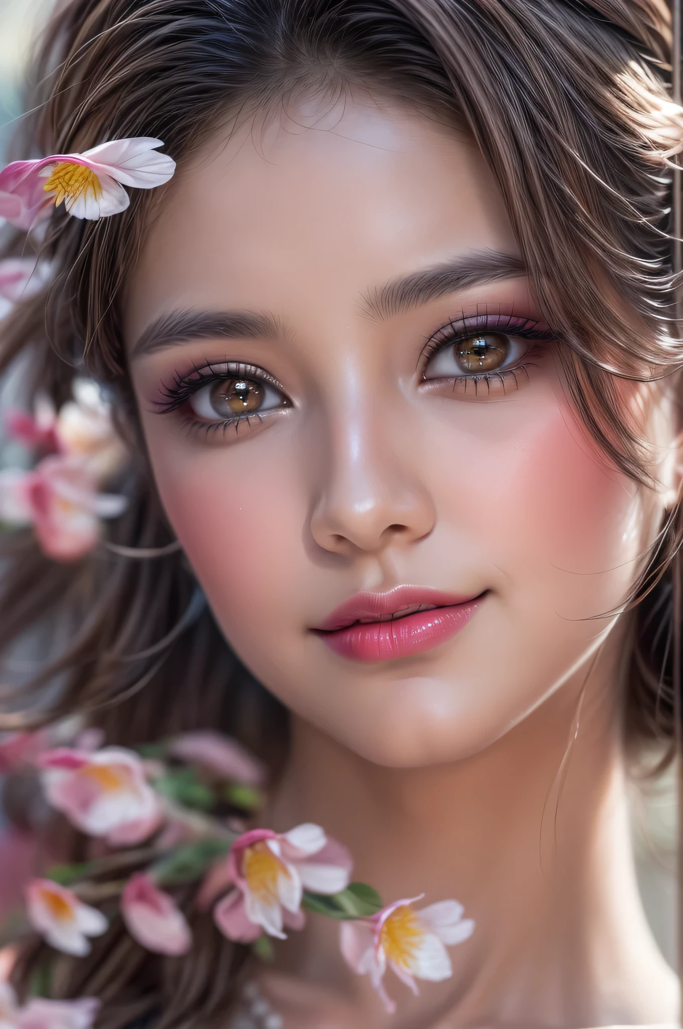 Realistic (photorealistic Realism), (high resolution), ((intricately detailed digital art)), professional photography, ((portrait)) a cute 1 Female, European, (ultra realistic texture details: velvety skin, hair),((close-up uf eyes:1.32)),((sharp focus, not blurry, high resolution, absurd quality, Realistic brown_eyes:1.4), intricately detailed:1.3), ((extremely fine details eyes)), ((extra narrow eyebrows)), (Carefully draw Long blue_eyelashes:1.2), (perfect round eyes:1.3), (finely detailed pupils:1.3, (extremely fine details pupils:1.3)), ((extremely fine details iris of the eyes:1.4)), (Shining, mesmerizing, Vibrant eyes:1.2), (professional makeup:1.4), ((perfect dark_eyeshadows:1.45)), detailed lips:1.3, (apply glossy red_lipstick:1.3), (pink_makeup:1.28), (beautiful little nose), (perfect proportions:1.2),(small head),(anatomically correct), perfect female body, (firm and full breasts:1.2), (Super beautiful), (vivid and colorful), The attention to detail, focus of girl, dynamic pose, sexy and seductive, flirty smile, dslr, high quality split lighting, sharp focus captured by Fujifilm XT3, f 5.6, in a dramatic lighting. (perfect composition), (outside,an orchard of blooming cherry trees), ((random u%u top:1.35)), exquisite balance of shadows, look at the viewer, 