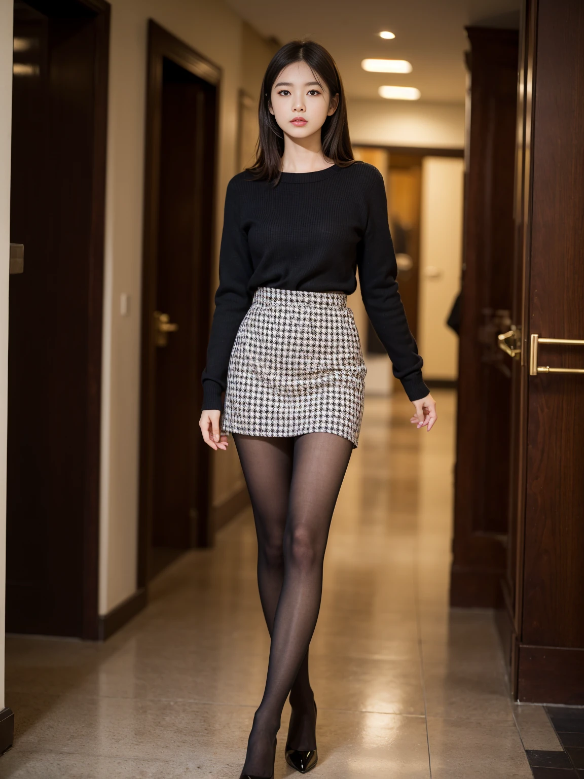 Elegant、upper class、Houndstooth Dressを着たFemale university student、Skirt and thighs、Age 27、Height: 162cm、Walking the hallway、Houndstooth Dress、(Wearing pantyhose、 realパンスト)、Female university student、Houndstooth Dress、 wearing a houndstooth dress 、 wearing a houndstooth dress , 千鳥格子ドレスを着た,  black pantyhose, University Student、 miniskirt、 wearing luxury heels 、 RAW photos 、(8k、 top quality、masterpiece:1.2)、( intricate details:1.4)、( real:1.4)、 octane rendering、 girl in a houndstooth dress 、Soft Studio Light、Rim Light、 Sharp Details 、 Super Details、 realな肌の質感、A closer look at the face、 beautiful detail on the eyes、 High Definition CG Unity 16k Wallpaper 、compensate（ detailed background：1.2）、Exposed thighs！！