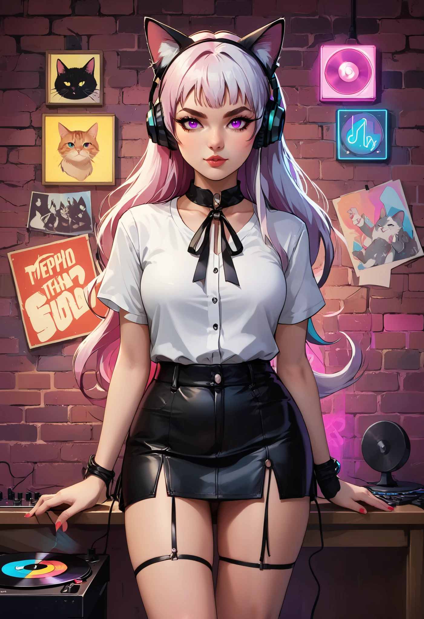  score_9,  score_8_above,  score_8, 1 girl, mature female, Alone,  split-color hair, MIX OF AND HAIR ,   long hair, Open bangs, large headphones ,cat ears,  purple-pink eyes ,source_animated, mini leather skirt,  thick thighs,  wide hips, casual black clothes,white blouse, brasier,  black leather jacket  , with a background of ( Vinyl records on a brick wall), music studio ,(neon lights), ( stylized collage ), ( LegendDarkFantasy ,, memphisstyle-6750 )