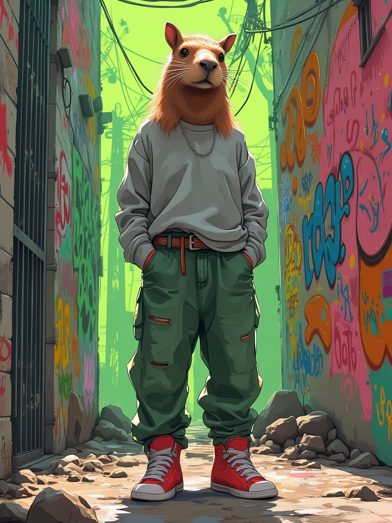 (vivid colors, urban environment, graffiti style) | A stylized humanized capybara, standing confidently in a vibrant urban alley covered in graffiti art. She is dressed in a loose gray sweatshirt, greenish jeans, and bright red sneakers, blending into the modern streetwear aesthetic. Her posture is casual, hands in her pockets, and her head is slightly turned, emphasizing her elongated snout and sharp features. The background is a colorful graffiti mural featuring bold lines and dynamic splashes of color, with a moss-green hue dominating the palette. The lighting is dramatic, casting subtle shadows that highlight the character’s unique anthropomorphic design. (street art vibes, urban realism, graffiti aesthetic) | Tags: humanized capybara | streetwear fashion | graffiti alley | urban character.