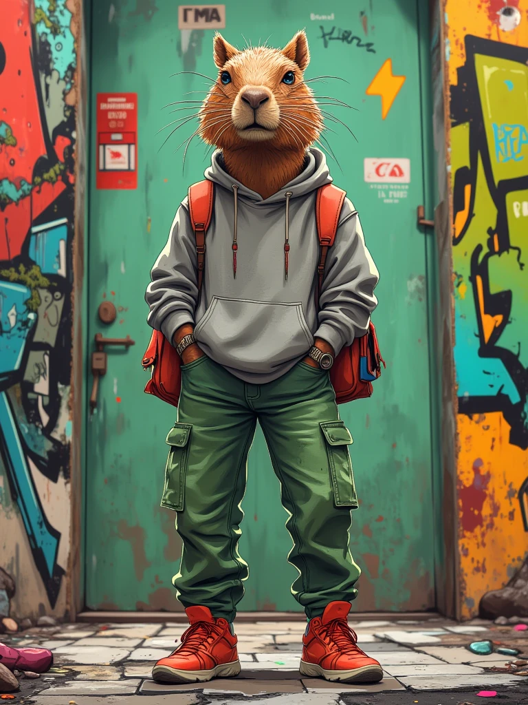 (vivid colors, urban environment, graffiti style) | A stylized humanized capybara, standing confidently in a vibrant urban alley covered in graffiti art. She is dressed in a loose gray sweatshirt, greenish jeans, and bright red sneakers, blending into the modern streetwear aesthetic. Her posture is casual, hands in her pockets, and her head is slightly turned, emphasizing her elongated snout and sharp features. The background is a colorful graffiti mural featuring bold lines and dynamic splashes of color, with a moss-green hue dominating the palette. The lighting is dramatic, casting subtle shadows that highlight the character’s unique anthropomorphic design. (street art vibes, urban realism, graffiti aesthetic) | Tags: humanized capybara | streetwear fashion | graffiti alley | urban character.