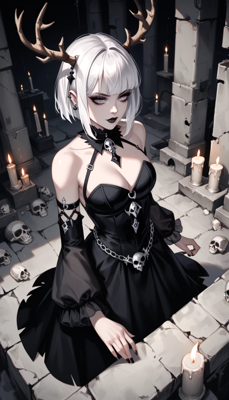  score_4_above,  goth girl ,  spectacular ornate black dress, antlers,  White hair with bangs, Ojos rojos, pale skin, Naturaleza, (exceptional composition ), (Dark tones), skulls around , candles, (ruins background ), penumbra