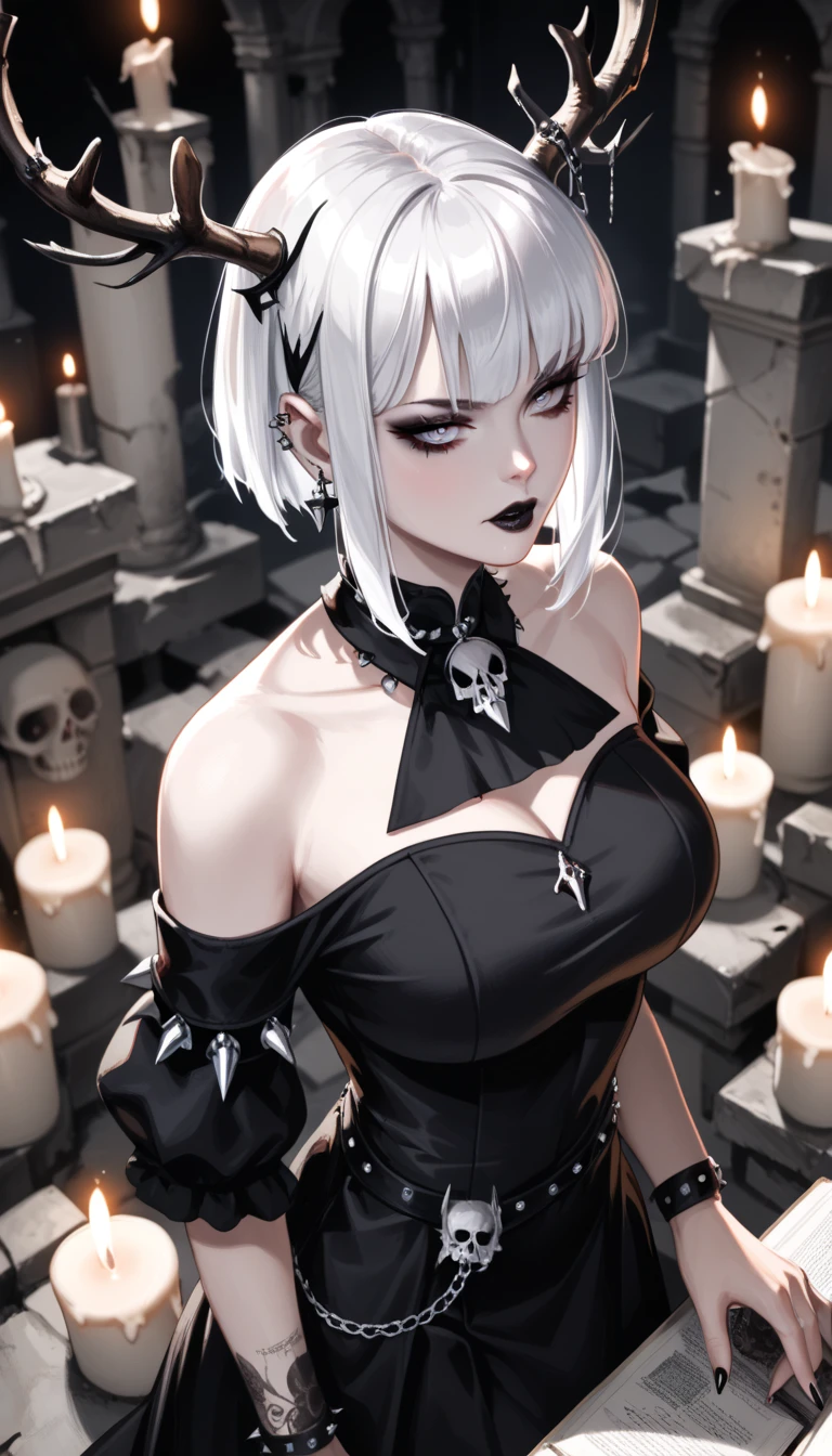  score_4_above,  goth girl ,  spectacular ornate black dress, antlers,  White hair with bangs, Ojos rojos, pale skin, Naturaleza, (exceptional composition ), (Dark tones), skulls around , candles, (ruins background ), penumbra