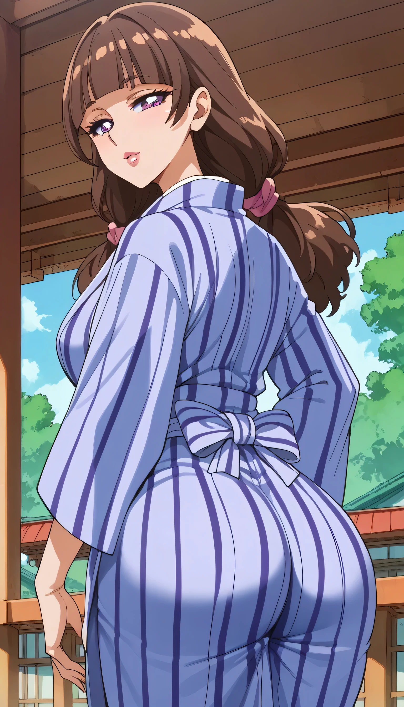 score_9, score_8_up, score_7_up, score_6_up, source_anime, 1 girl only, (Juicy female lips), (Amanogawa Kirara, brown hair, blunt bangs, long hair, low twintails, purple eyes), Wearing Yukata, Standing, (Seductive expression), mature female, milf, motherly, (Japanese Shoji background), Looking Back, Looking at viewer, (fat hips), (semi-closed eyes:1.2)