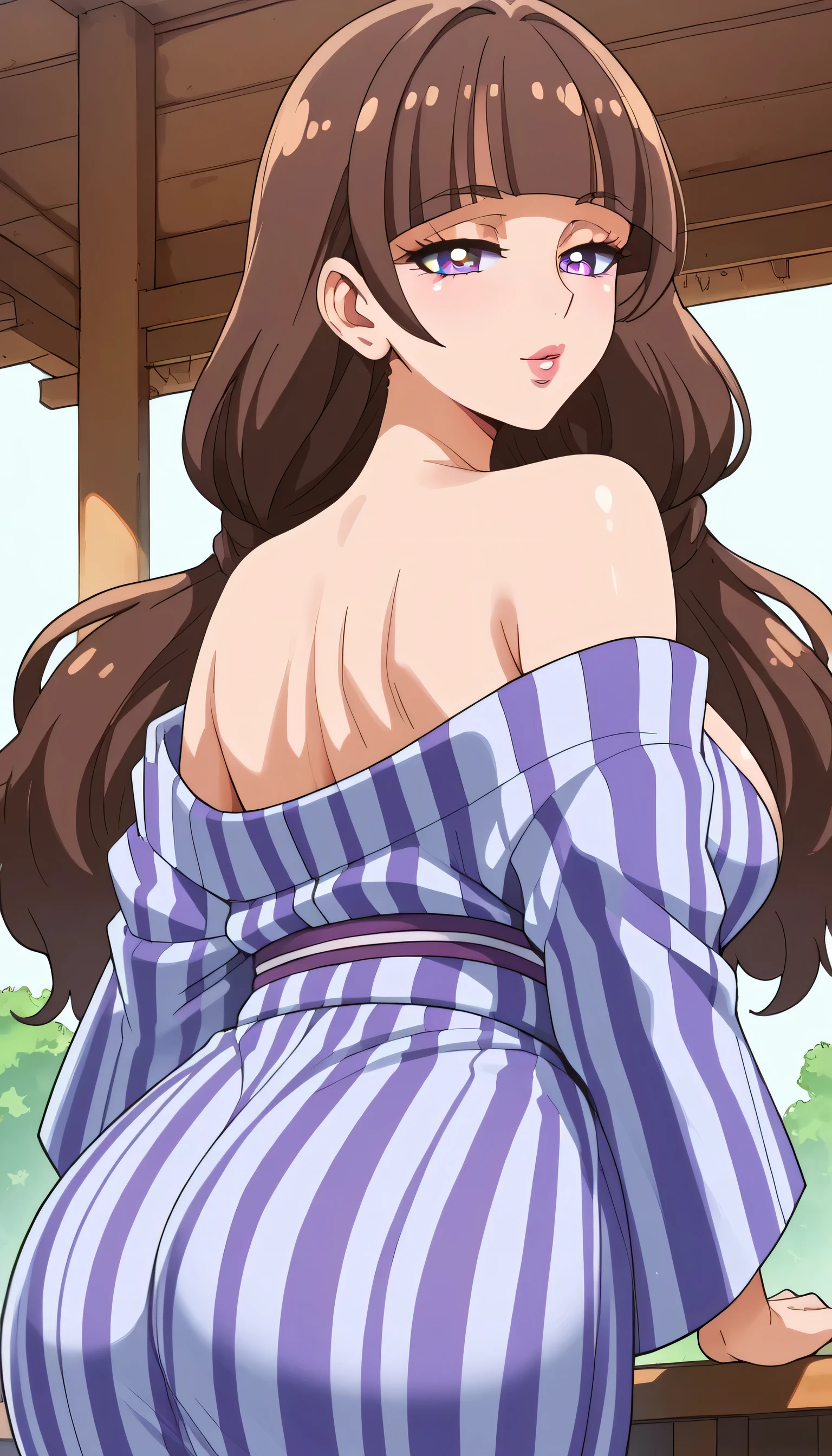 score_9, score_8_up, score_7_up, score_6_up, source_anime, 1 girl only, (Juicy female lips), (Amanogawa Kirara, brown hair, blunt bangs, long hair, low twintails, purple eyes), Wearing Yukata, (Seductive expression), mature female, milf, motherly, (Japanese Shoji background), Looking Back, Looking at viewer, (fat hips), (semi-closed eyes:1.2)