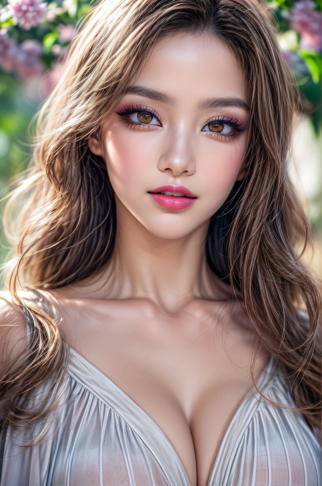 Realistic (photorealistic Realism), (high resolution), ((intricately detailed digital art)), professional photography, ((portrait)) a cute 1 Female, European, (ultra realistic texture details: velvety skin, hair),((close-up uf eyes:1.32)),((sharp focus, not blurry, high resolution, absurd quality, Realistic brown_eyes:1.4), intricately detailed:1.3), ((extremely fine details eyes)), ((extra narrow eyebrows)), (Carefully draw Long blue_eyelashes:1.2), (perfect round eyes:1.3), (finely detailed pupils:1.3, (extremely fine details pupils:1.3)), ((extremely fine details iris of the eyes:1.4)), (Shining, mesmerizing, Vibrant eyes:1.2), (professional makeup:1.4), ((perfect dark_eyeshadows:1.45)), detailed lips:1.3, (apply glossy red_lipstick:1.3), (pink_makeup:1.28), (beautiful little nose), (perfect proportions:1.2),(small head),(anatomically correct), perfect female body, (firm and full breasts:1.2), (Super beautiful), (vivid and colorful), The attention to detail, focus of girl, dynamic pose, sexy and seductive, flirty smile, dslr, high quality split lighting, sharp focus captured by Fujifilm XT3, f 5.6, in a dramatic lighting. (perfect composition), (outside,an orchard of blooming cherry trees), ((random u%u top:1.35)), exquisite balance of shadows, look at the viewer, 