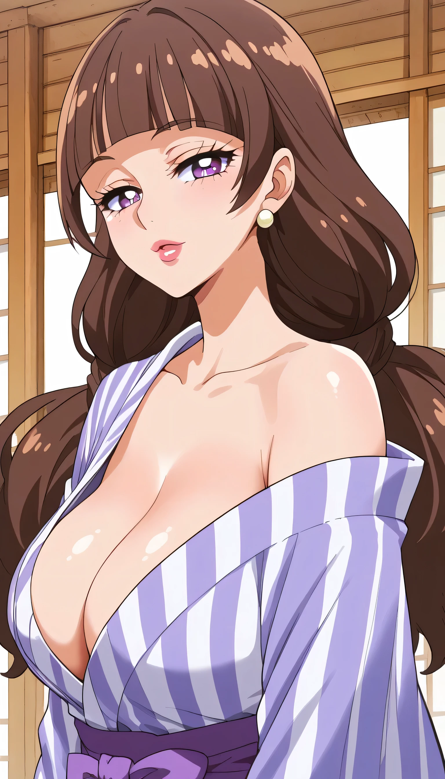 score_9, score_8_up, score_7_up, score_6_up, source_anime, 1 girl only, (Juicy female lips), (Amanogawa Kirara, brown hair, blunt bangs, long hair, low twintails, purple eyes), Wearing Yukata, (Seductive expression), mature female, milf, motherly, (Japanese Shoji background), Looking Back, Looking at viewer, (fat hips), (semi-closed eyes:1.2)