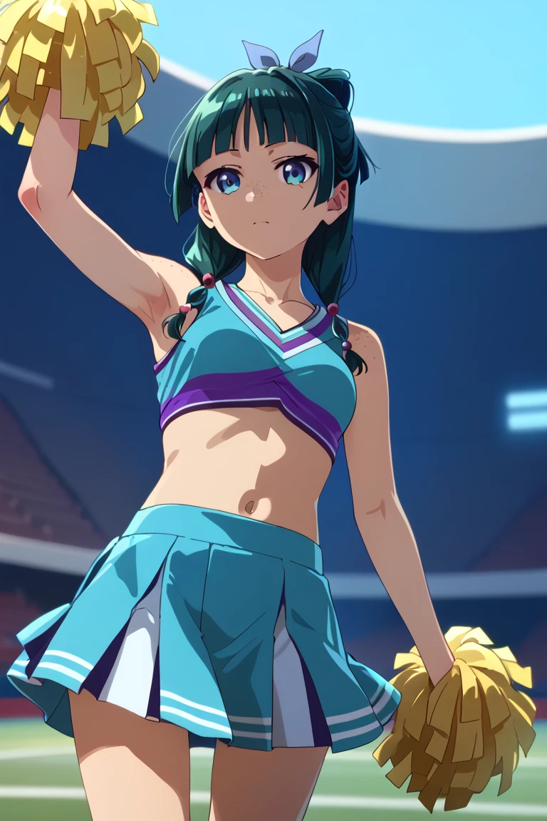 (masterpiece, best quality, high resolution, 8k),anime art style, Shinoa, 1 girl, dark brown eyes, medium breasts, smile, hair ribbon, (Cheerleader, dancing, mouth open), alone, standing,dynamic Angle cowboy shot,