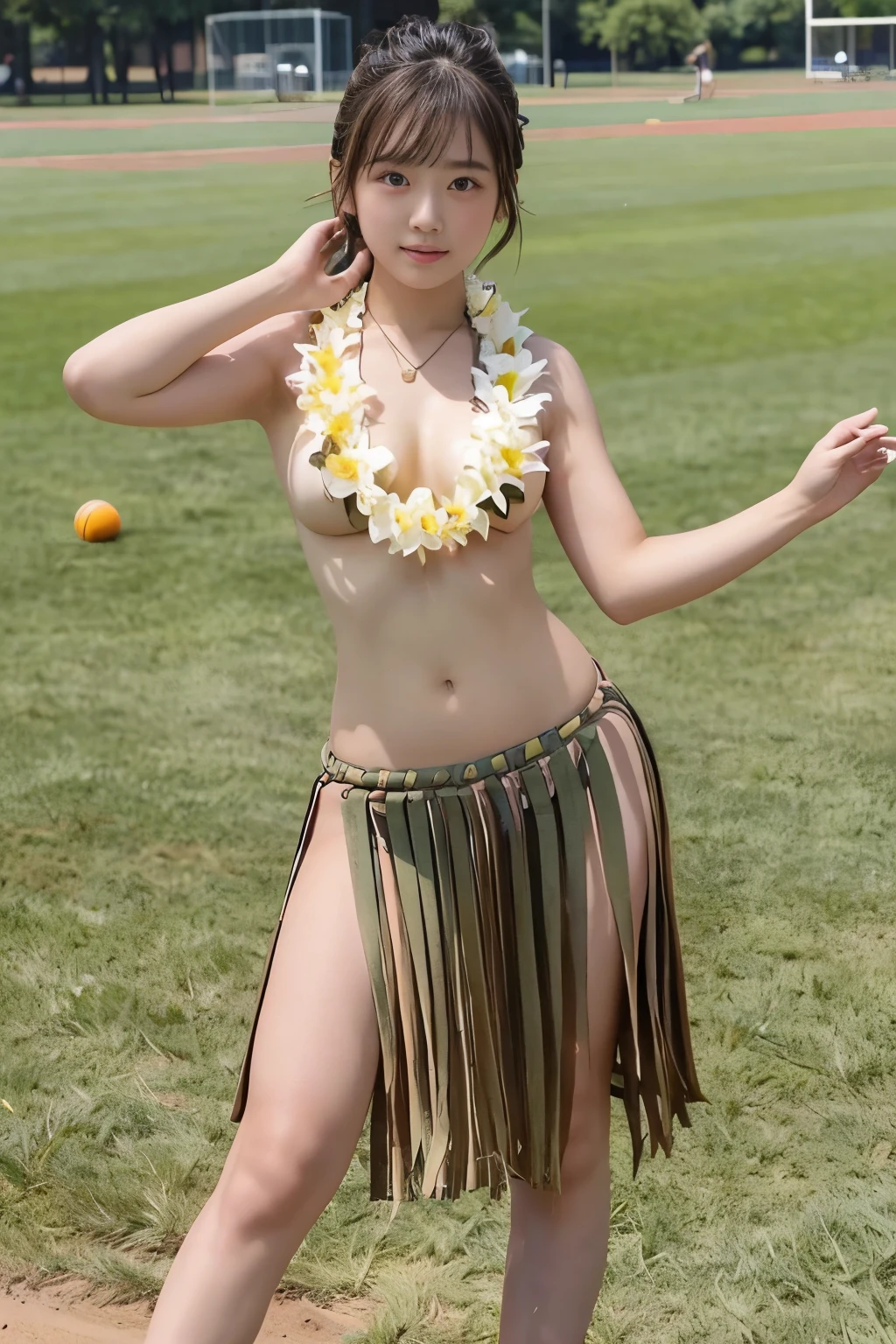  Photorealistic、( young woman、女子 College Student 、、 College Student :1.2)、 Multiple People、team、Group、cute、 beauty、Good looking、 beautiful skin in NFSW、 、 medium chest 、 beautiful body line、( no bra、 shirtless)、
Hula Dancer / Naked Lei Flower Necklace / Grass Skirt /  hula dance、(ground、Ground、学校のGround、 Sports Fields、Schoolyard:1.4)