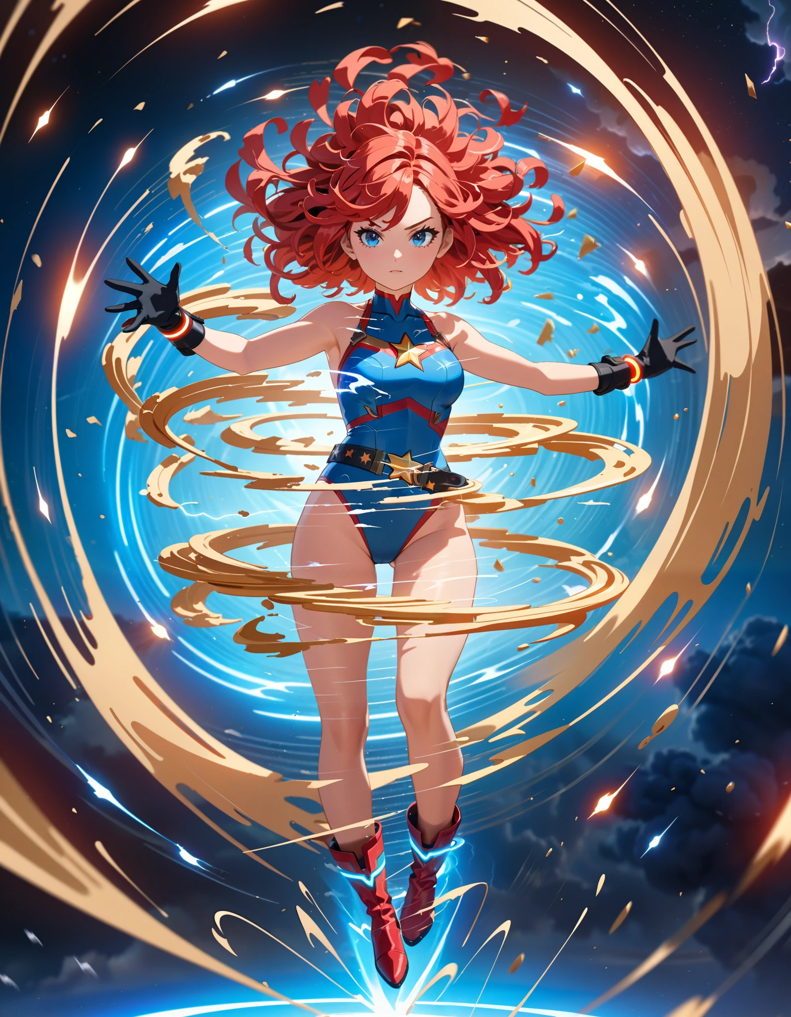 ((masterpiece)), ((best quality)), ((high res)), 1girl, solo, solo focus, single, superhero, heroic, (leotard, gymnast outfit leotard, dark blue leotard with yellow accents, sleeveless, bare legs), (knee boots, matching boots), looking at the viewer, blue sky backdrop, perfect hands, complete fingers, (blue gloves, matching gloves), perfect ???????, perfect proportions, medium breasts, (red hair, short hair, bob hair, bangs), light blue eyes, beautiful detailed eyes, beautiful detailed face, cute face, full body with costume, cowboy shot, ((yellow heart symbol on chest)), serious, spread arms. spins in place like a tornado, she spins at an incredible speed, creating a whirlwind of air around her,spiral lines around,cyclone winds around,tornado spinning, full body with costume