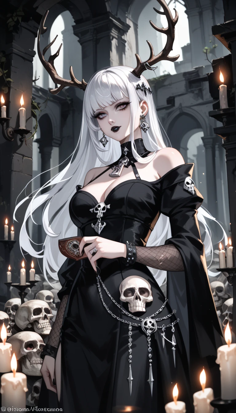  goth girl ,  spectacular ornate black dress, antlers,  White hair with bangs, Ojos rojos, pale skin, Naturaleza, (exceptional composition ), (Dark tones), skulls around , candles, (ruins background ), penumbra