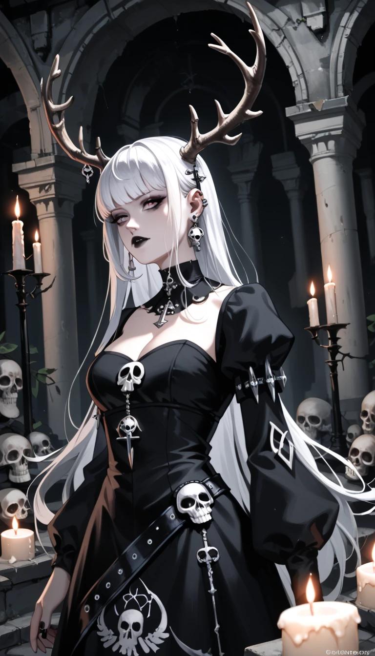  goth girl ,  spectacular ornate black dress, antlers,  White hair with bangs, Ojos rojos, pale skin, Naturaleza, (exceptional composition ), (Dark tones), skulls around , candles, (ruins background ), penumbra