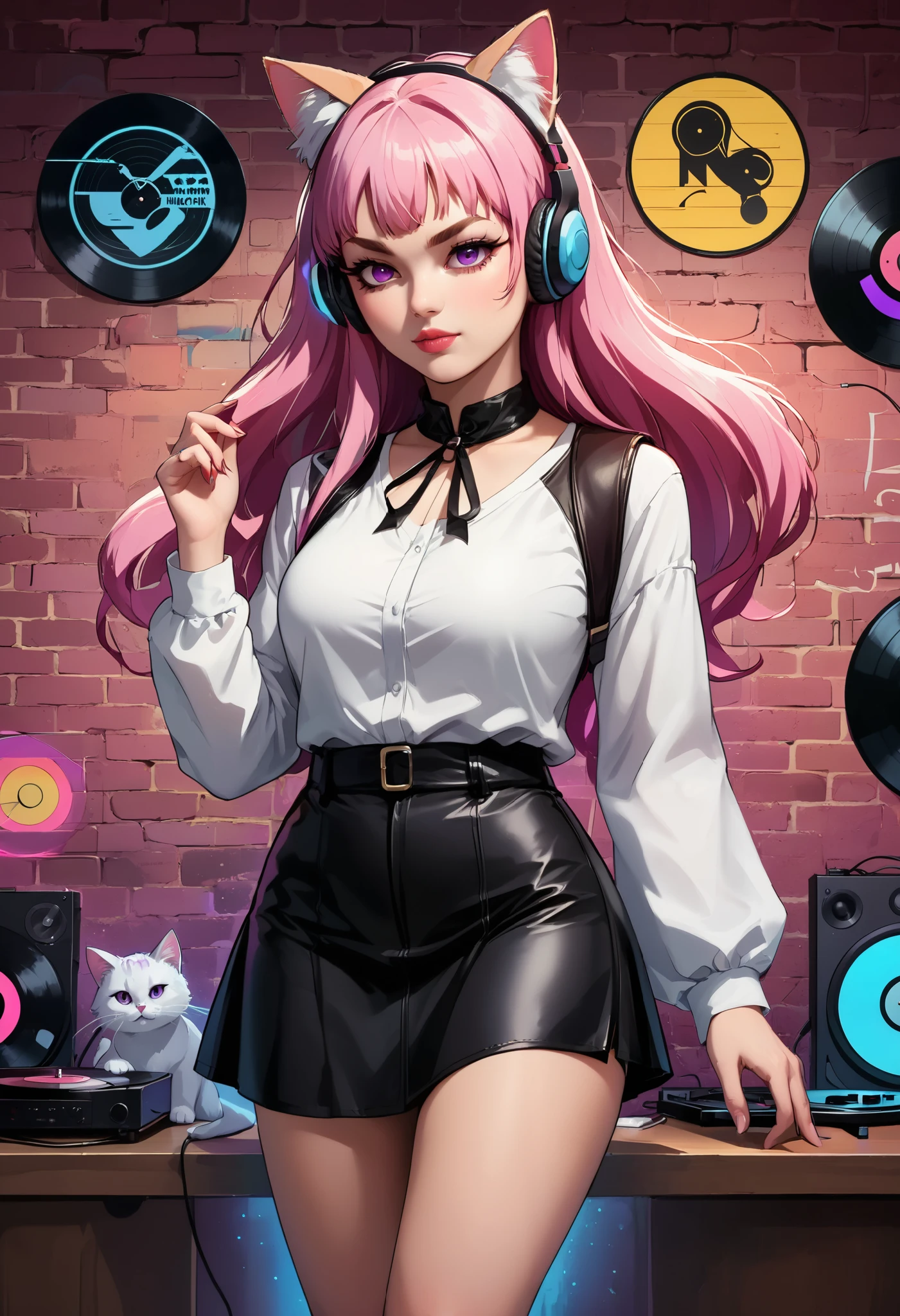  score_9,  score_8_above,  score_8, 1 girl, mature female, Alone,  split-color hair, MIX OF AND HAIR ,   long hair, Open bangs, large headphones ,cat ears,  purple-pink eyes ,source_animated, mini leather skirt,  thick thighs,  wide hips, casual black clothes,white blouse, brasier,  black leather jacket  , with a background of ( Vinyl records on a brick wall), music studio ,(neon lights), ( stylized collage ), ( LegendDarkFantasy ,, memphisstyle-6750 )