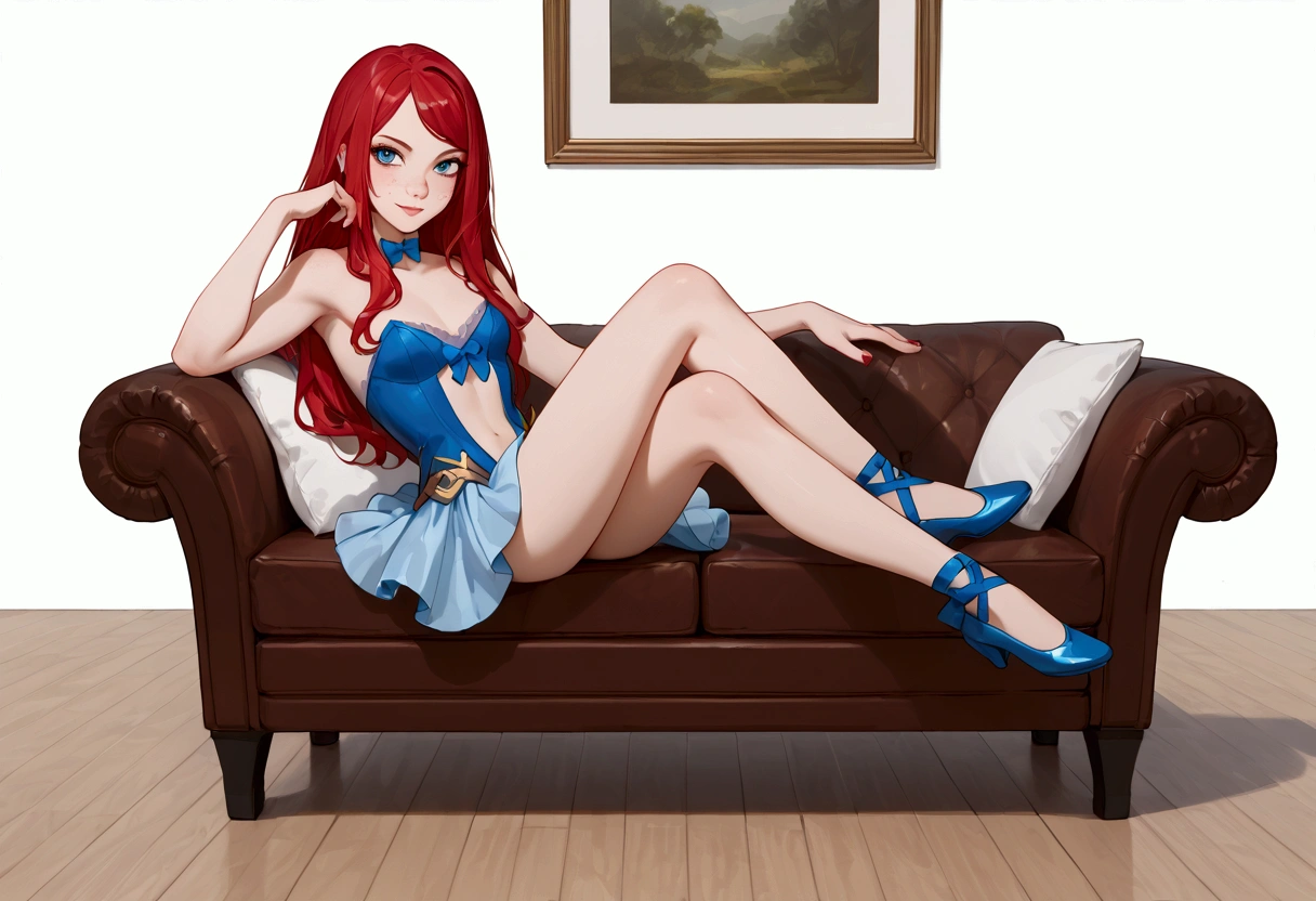 ((full body photo)) Ahri LoL Pony, masterpiece, best quality, (sitting on couch, legs crossed), highly detailed, score_9, score_8_up, score_7_up, score_6_up, anime font, BREAK, alone, long hair, blue eyes, flower, small breasts, bow, looking at viewer, freckles, parted lips, smile, full body, red lips, lips,boots ballet leather slipper: 1.6, side shot, She looks at you, fishnets, white background, neutral cast
