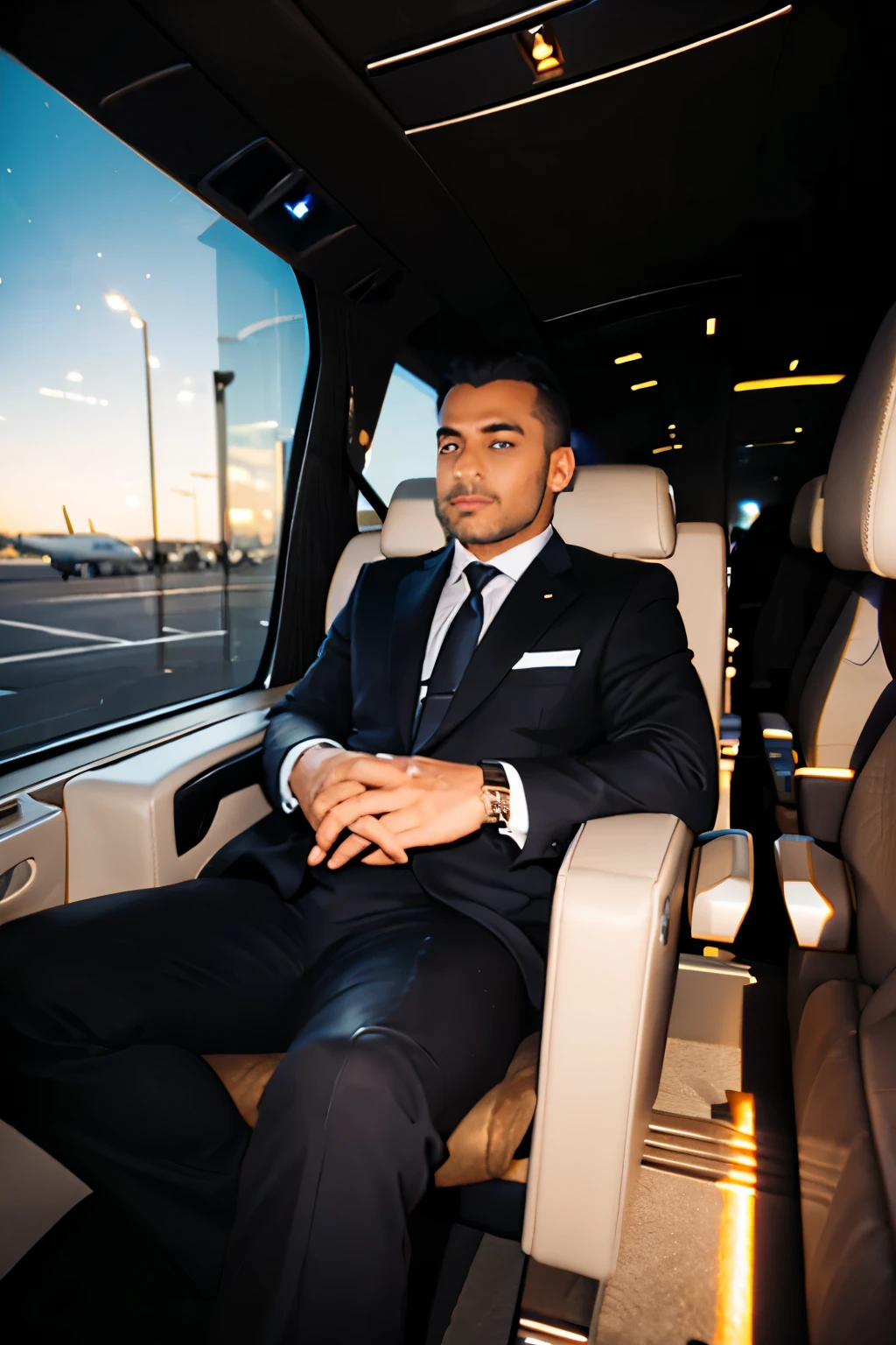 "A millionaire executive in a luxurious environment, dressed in a sophisticated suit. He is seated comfortably inside a state-of-the-art private jet with refined details in leather and polished wood. In the background, a luxury sports car is visible, parked near the airport runway, with large windows showcasing the sunset sky. The scene is highly realistic, emphasizing wealth and power, with soft lighting and sharp details in textures, such as the shine of the metal and the jet's finishes."