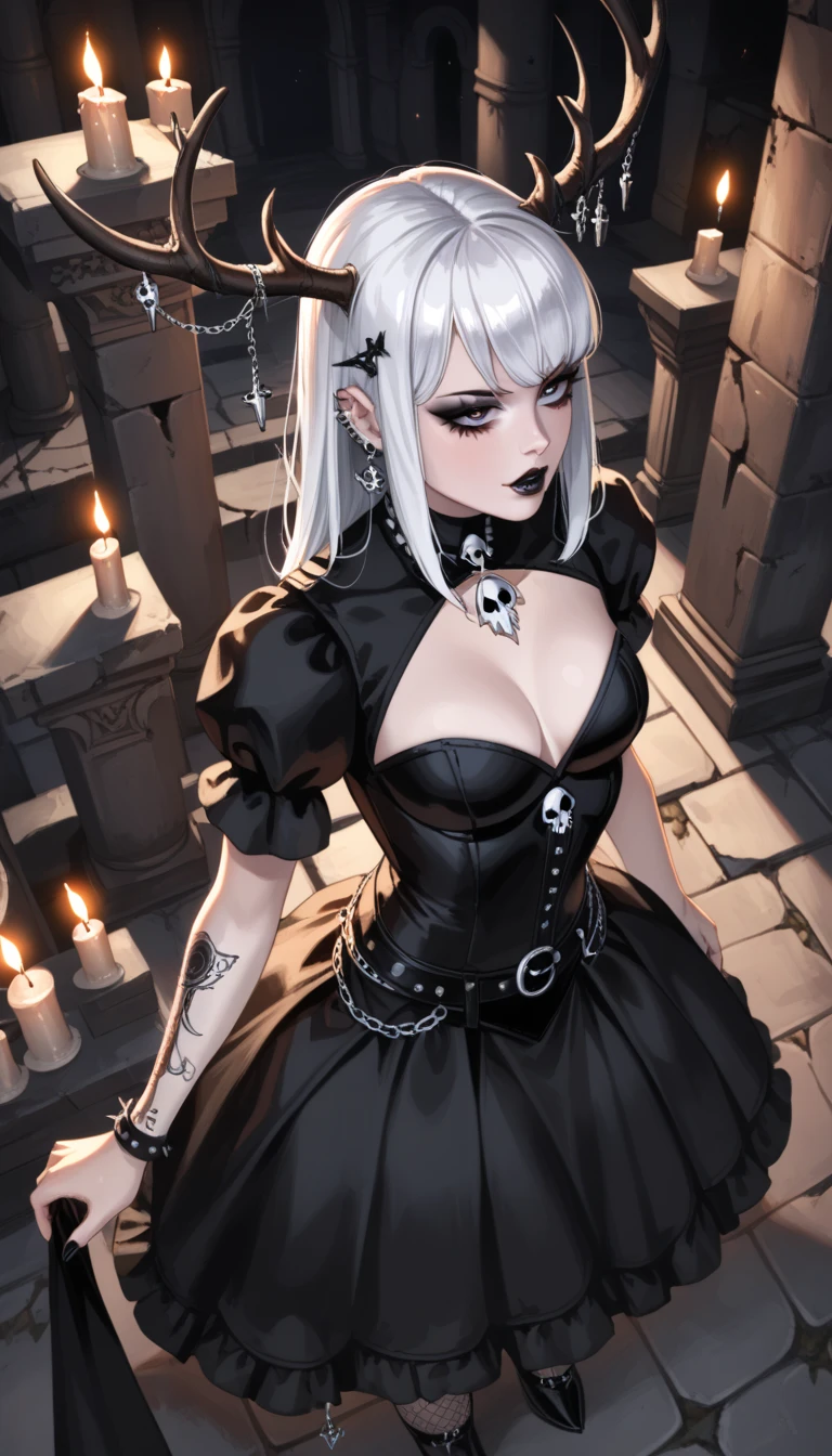  score_9,  score_8_above,  score_7_above,  score_6_above,  score_5_above,  score_4_above, goth girl ,  spectacular ornate black dress, antlers,  White hair with bangs, Ojos rojos, pale skin, Naturaleza, (exceptional composition ), (Dark tones), skulls around , candles, (ruins background ), penumbra