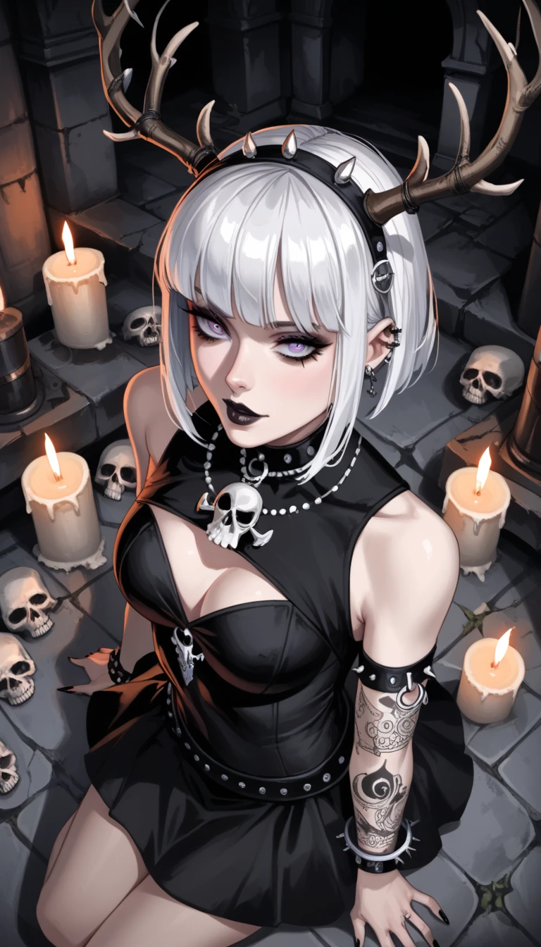  score_9,  score_8_above,  score_7_above,  score_6_above,  score_5_above,  score_4_above, goth girl ,  spectacular ornate black dress, antlers,  White hair with bangs, Ojos rojos, pale skin, Naturaleza, (exceptional composition ), (Dark tones), skulls around , candles, (ruins background ), penumbra