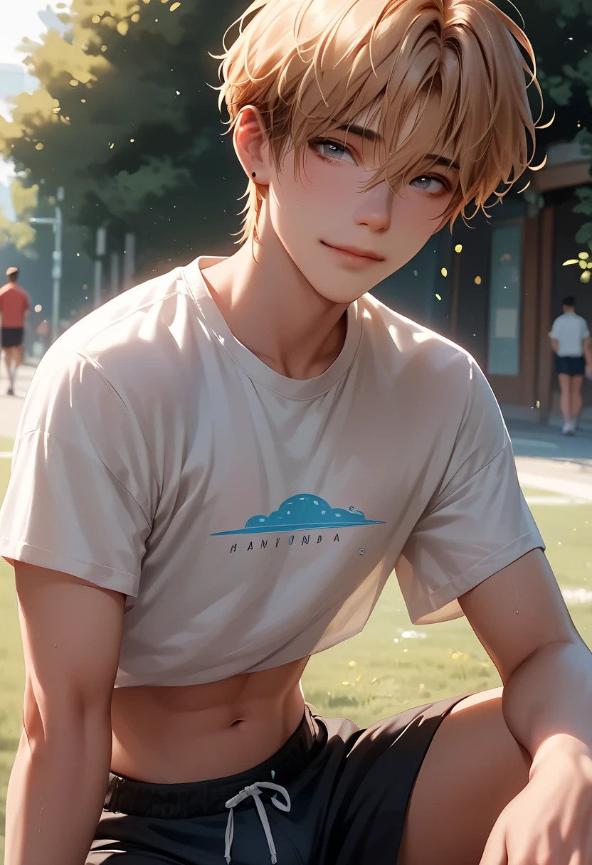 a sporty chinese boy is naked at the park, he show his small hairless penis while he is having fun in the park in a sunny day, he wears only a graphic style t-shirt. He has a very skinny body and slim great abs, he is completely hairless, slim,  , looking shy but happy, blond fancy colored short hair, great visual detail and vivid romantic colors, cute face, slim legs.