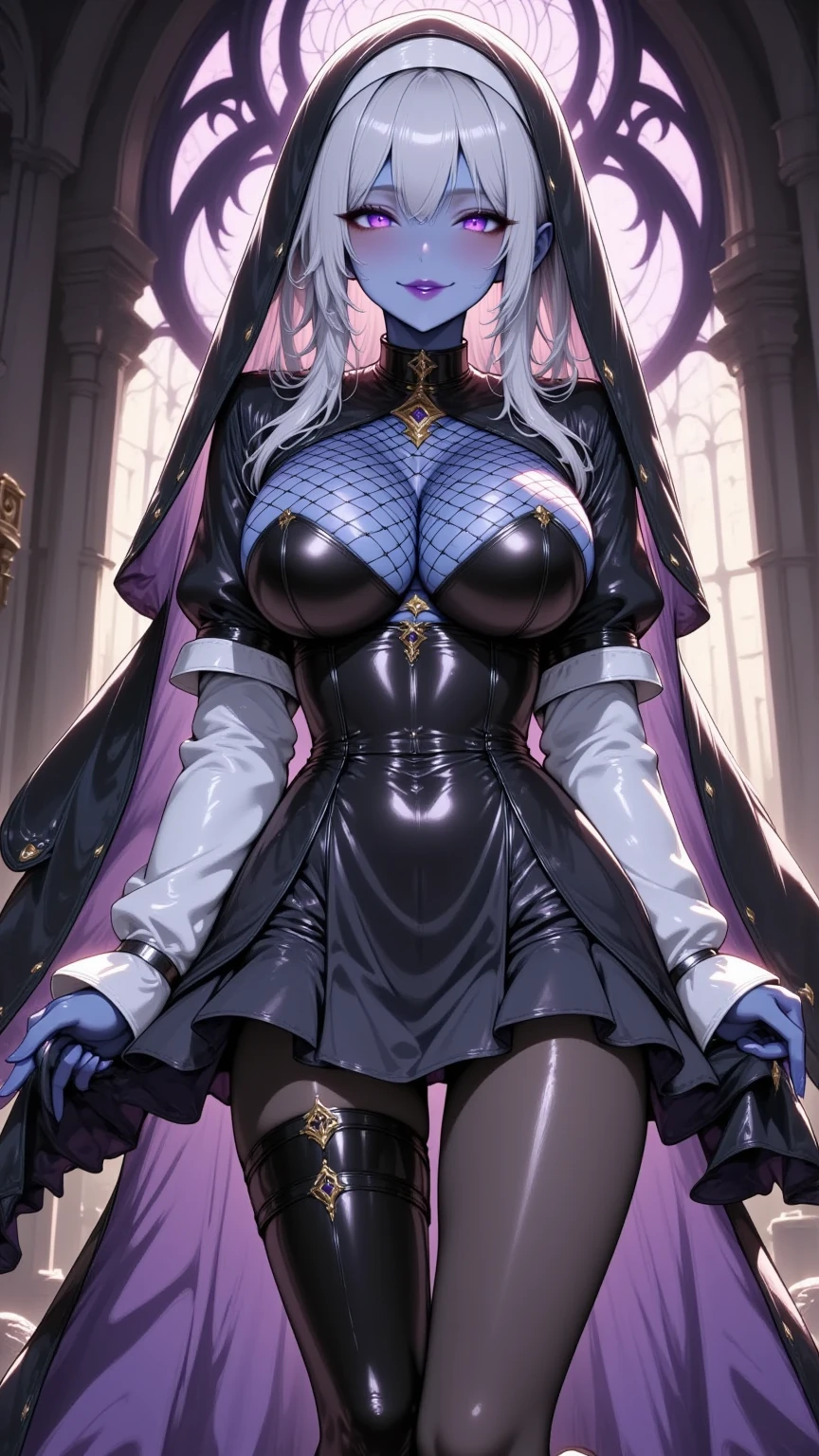  Young Beautiful Dark Elf Women ,( top quality, very detailed depiction, Incredibly Absurd High Definition ,Curvaceous Body),(Nuns,ラテックスのNunsの服,Body net suit, black tights, boots),(Blue Skin:2.0,Glowing purple eyes,Crazy Eyes,There is cleavage in the chest, shiny skin,Glossy lips,Beautiful legs,Beautiful thighs),( bewitching smile ,Seductive gestures),sweat, full body image ,background:Bedroom at night