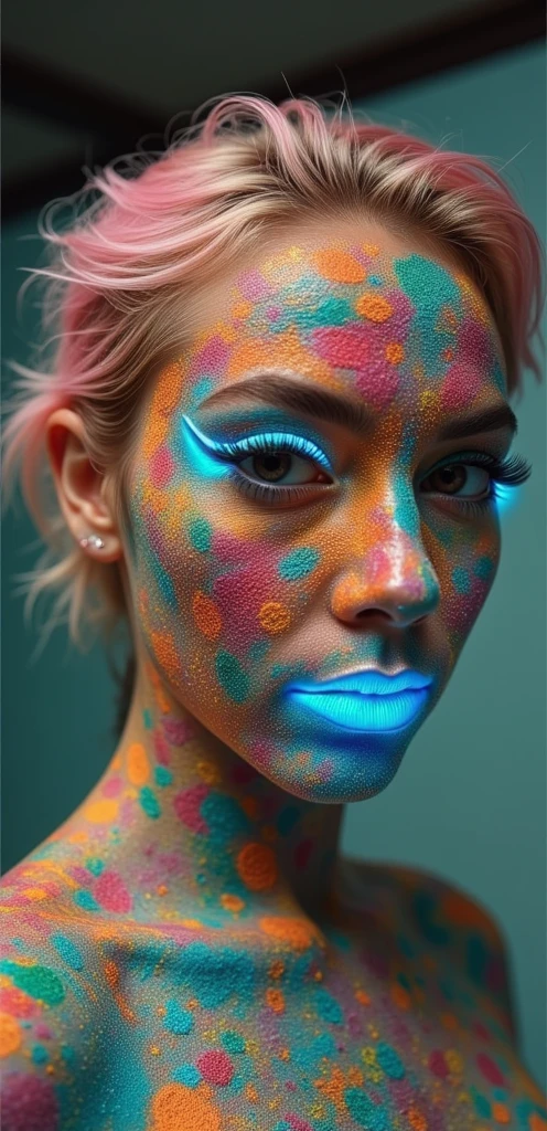 30 year old woman, naked , ((detailed facial features)), ((wide angle)), (colorful body paint), skinny, anorexic, pro-ana, tiktok woman, wet, sweating, full body shot, smiling, wearing gold jewelry, dancing, blonde, crystal blue eyes