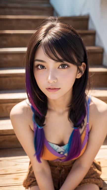 ((bestquality)), ((masterpiece)), (Detailed), perfect face,Small eyes,The nose looks sharp and sharp.,small mouth,pretty smile,Japanese girls have very long hair with white and purple highlights.,naked