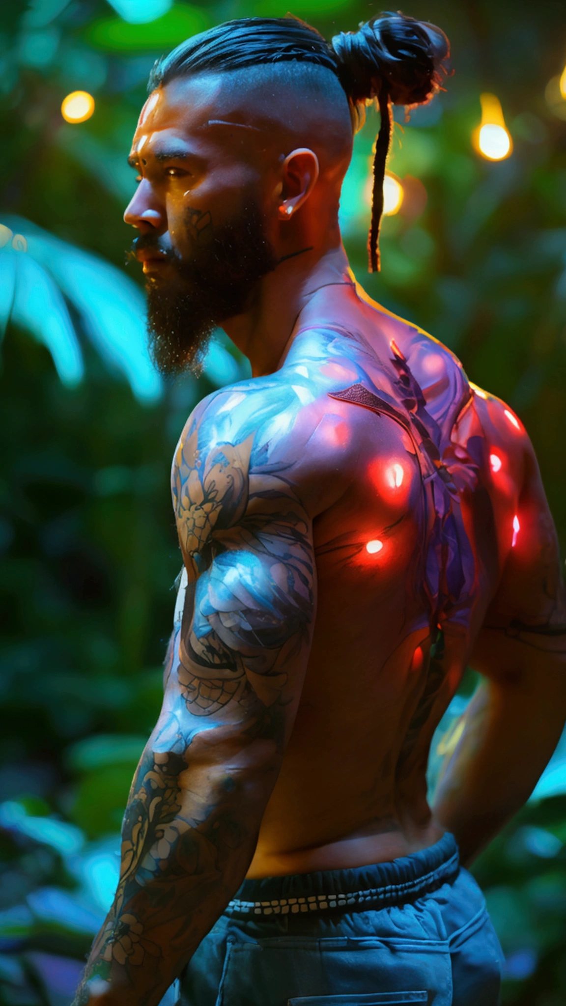 (masterpiece, Best Quality), 8k,(((Very detailed))), race:1.8,Super intricate race pattern, colorful race pattern, Transparent face and body, Mandala tattoes, Light up,1 stocky huge muscular middle age man, exposed back,hairy body with six packed belly, Sensual elegance, Sexy Body, Sexy Appearance, long hair tied in a bun, Shooting with the jungle's night view in the background, rough Intelligent face, Blur the background, bokeh, Facial lighting, whole body picture, photoreality.