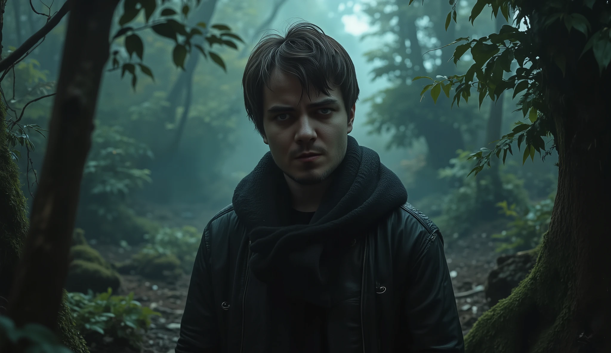 lilamaddyson, in a dark forest, an angry face, male, teen