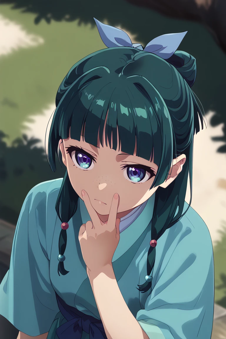 1girl, default hairstyle, hair bun, hair ribbon, blue ribbon, sidelocks, blunt bangs, hair beads, half updo, low twintails, hair over shoulder, freckles, small breasts, pale skinned, petite    dynamic angle, takeda hiromitsu style,       cunnilingus gesture