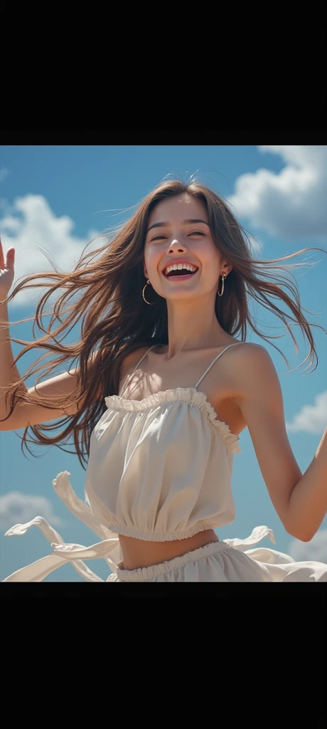 a girl jumping in mid-air,bright sunny day,green grass,beautiful clear blue sky,windblown hair,colorful summer dress,happy expression,joyful movement,playful,energetic,golden sunlight,soft shadows