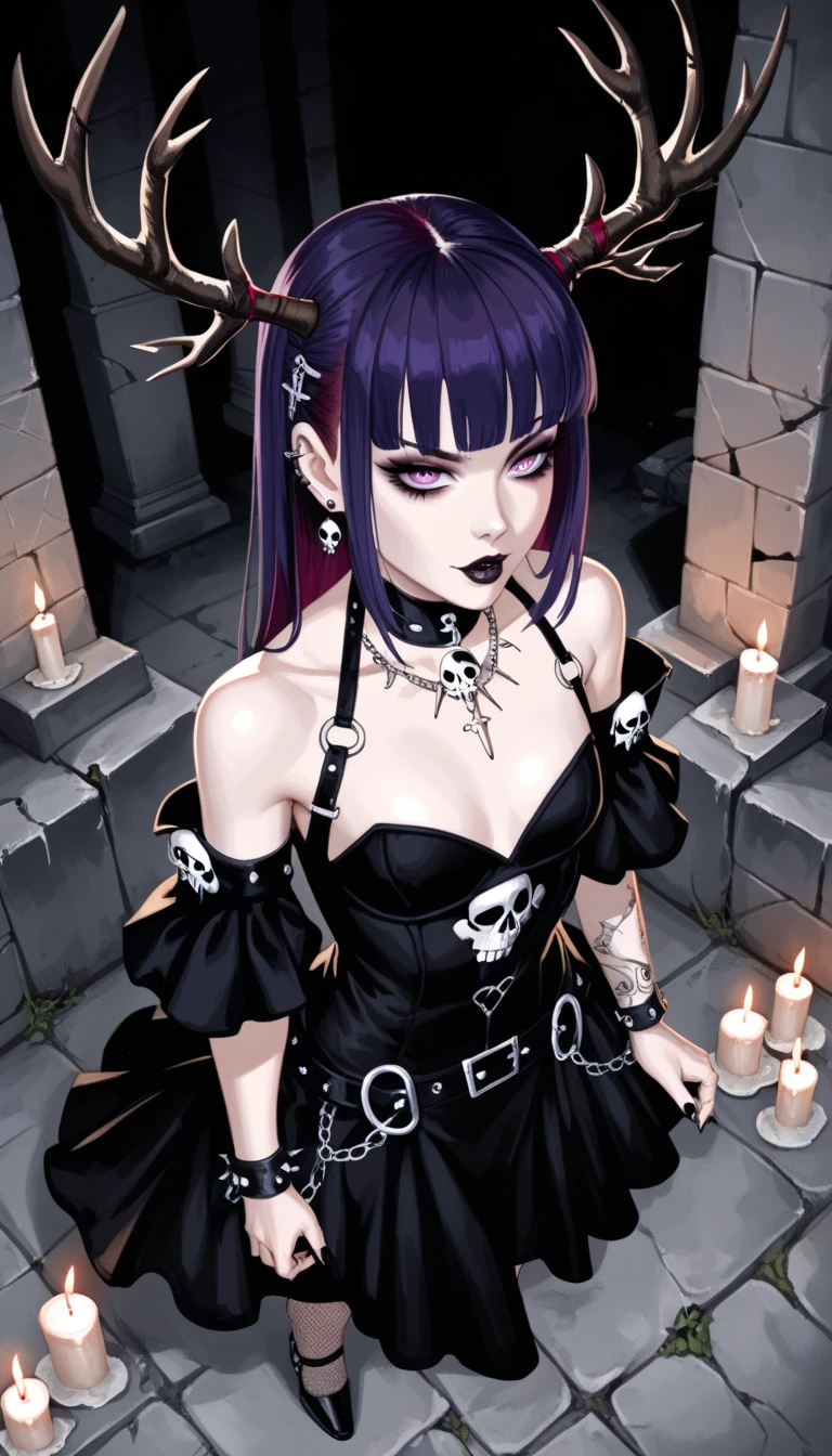  score_9,  score_8_above,  score_7_above,  score_6_above,  score_5_above,  score_4_above, goth girl , spectacular ornate black full dress, antlers, Violet hair with bangs, Ojos rojos, pale skin,  small breasts , Naturaleza, (exceptional composition ), (Dark tones), skulls around , candles, (ruins background ), penumbra