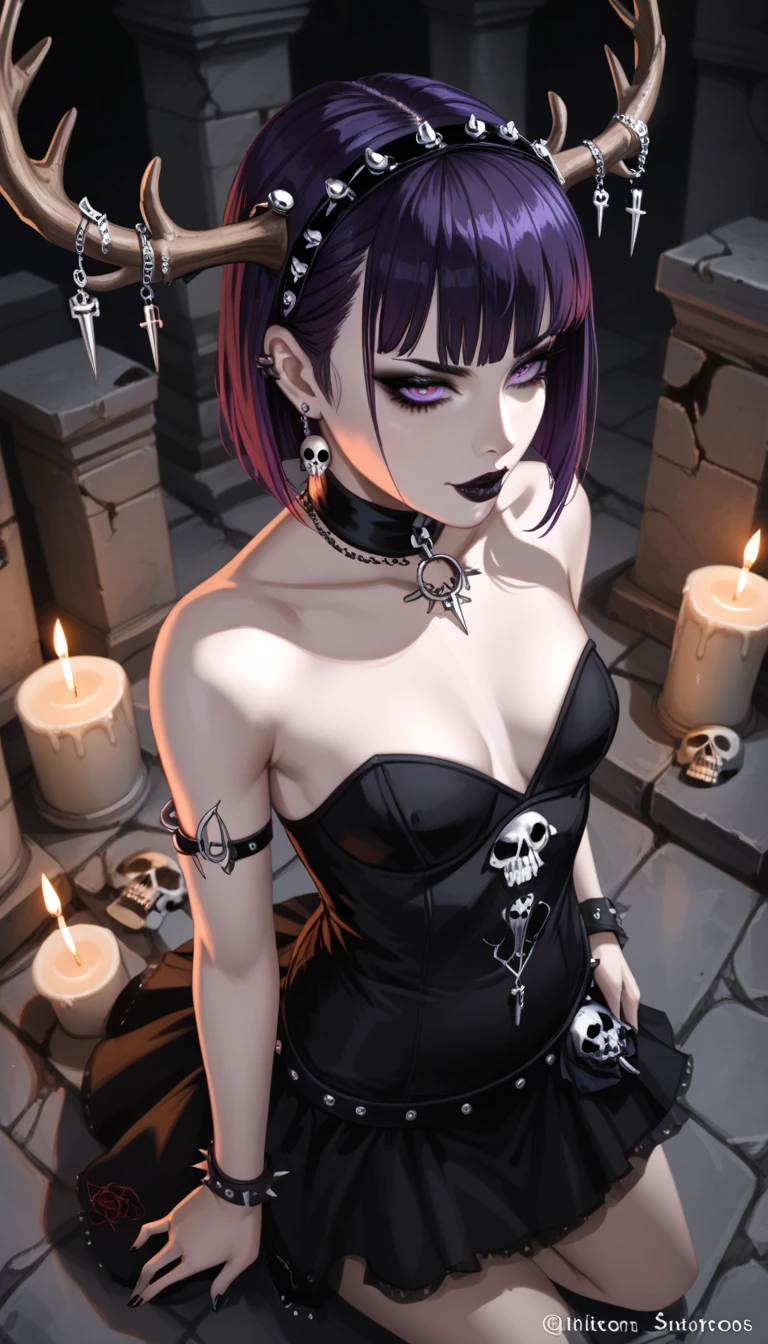  score_9,  score_8_above,  score_7_above,  score_6_above,  score_5_above,  score_4_above, goth girl , spectacular ornate black full dress, antlers, Violet hair with bangs, Ojos rojos, pale skin,  small breasts , Naturaleza, (exceptional composition ), (Dark tones), skulls around , candles, (ruins background ), penumbra