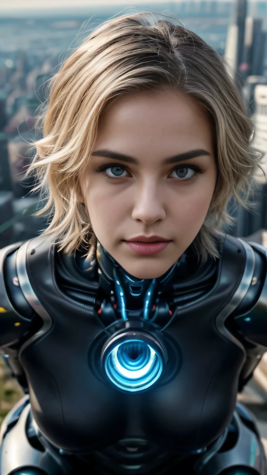 ((Highest quality)), ((masterpiece)), 8K quality, (detailed), High Resolution Skins:1.3, Realistic skin texture, (Looking down on a fantasy cityscape from the sky:1.5), (full body), slim, smile, close mouth, Natural Makeup, fluffy short hair, Messy Hair, Asymmetrical bangs, Looking at Viewer, sharp focus, Bust B cup, Slim figure, Beautiful eyes in every detail, realistic eyes and face details, depth of field, View from the front, platinum blonde hair, green eyes, Beautiful half-Caucasian cyborg girl, cute Cyborg Girl, Beautiful Cyborg Girl, Perfect Robot Girl, Cyborg Girl, Young cyborg woman, beautiful Female Robot, Beautiful robot woman, Cyborg Girl, Perfect cyborg woman, Porcelain Cyborg, Female Robot, Beautiful Cyborg Images, the mechanical parts are visible, wires and cables connecting shoulder, The robot suit has LED indicators and meters,(Delicate light and shadow,The picture is highly dramatic,Cinematic lens effect),Exceptional detail,The lighting effect is outstanding,(Excellent rendering),