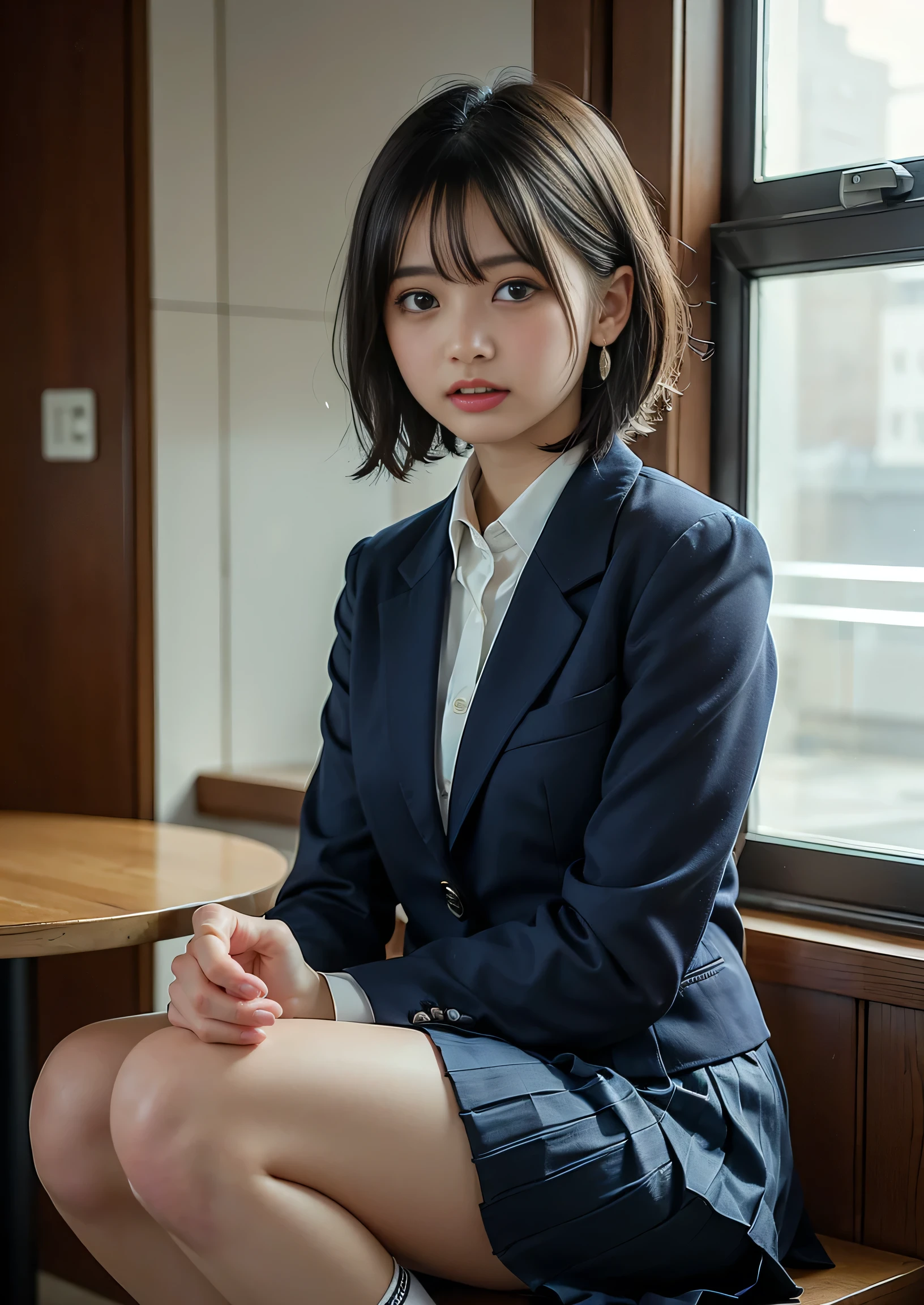 (((professional: step by step, god level final result))): " anime, anime-style realistic woman, (Mikasa akerman), 18-year-old girl, (gray blazer, ribbon, folded miniskirt, thigh-high socks, ( (sexy: short private school uniform)), high school classroom, beautiful details in the eyes, light on the face, especially strong light, (top of the eyes, smile: 1.2), shiny skin, ((( black hair, bob hair: 1.2) ) ), (thick thighs), ulzzang-6500-v1.1: 0.2, shy, (flash: 1.2), NSFW, ((seductive posture: 1.2, attractiveness: 1.2)), ( inactive), (standing: at rest), ((good anatomy: 1.2)), ((bright classroom, blurred background: 1.2)), perfect face, cute and symmetrical face, (High shot: 1.2)s., Lighting natural side, ((works master ), (realistic, photorealism: 1.37), (highest quality), (best shadows), (best illustrations), Clavicles ((large)), ((erotic, sexy, Wallpapers, Representation physics, film lighting)), Canon EOS Camera R50 50mm lens"