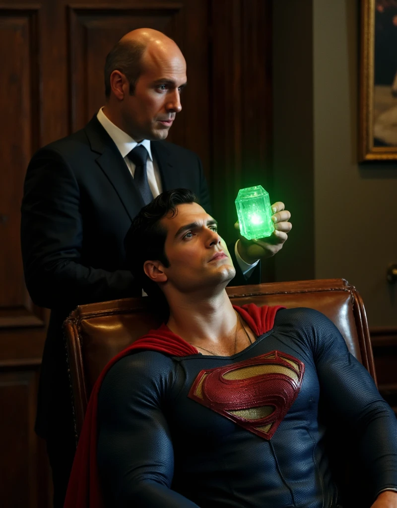 two men in a dimly lit room. The layout is focused on h3nr4, Henry Cavill, in a Superman costume, reclining on a brown leather chair, with his head tilted back and eyes closed, the superhero's expression conveying suffering, pain ,hurt, agony. He has a well-defined jawline, Short stubble, dark hair, and a light skin tone. The costume is a deep blue with a prominent red and yellow 'S' logo on the chest, and a red cape draped over his shoulders. Standing beside him is another man in a black suit, white shirt, and black tie, with a bald head and light skin. He is holding a glowing green crystal close to the reclining man's face, suggesting a scene of tension or vulnerability. The background is blurred, with a hint of a wooden door and a framed picture on the wall, adding to the setting's mysterious atmosphere