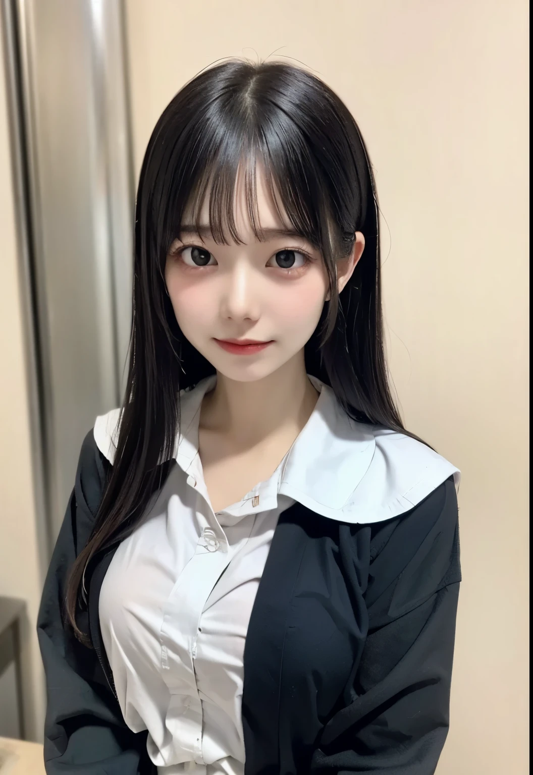 ((highest quality、(NSFW、((hyperrealistic beautiful face))、highest quality、masterpiece、ultra high resolution、8K、highest quality、Drawn details)、(I photographed the whole body)、(tilt to one side'head of)、17-year-old high school girl、Very slim and beautiful style、Navy blue blazer uniform、Full body nude、Showing off super realistic beautiful breasts、Depiction of nipples、Lower body full nude、ribbon tie、Beautiful girl with black hair、Straight long hair with black hair、strong wind blowing、fluttering hair、Show ears、、Scenery behind the school building、Wind behind the school gymnasium、