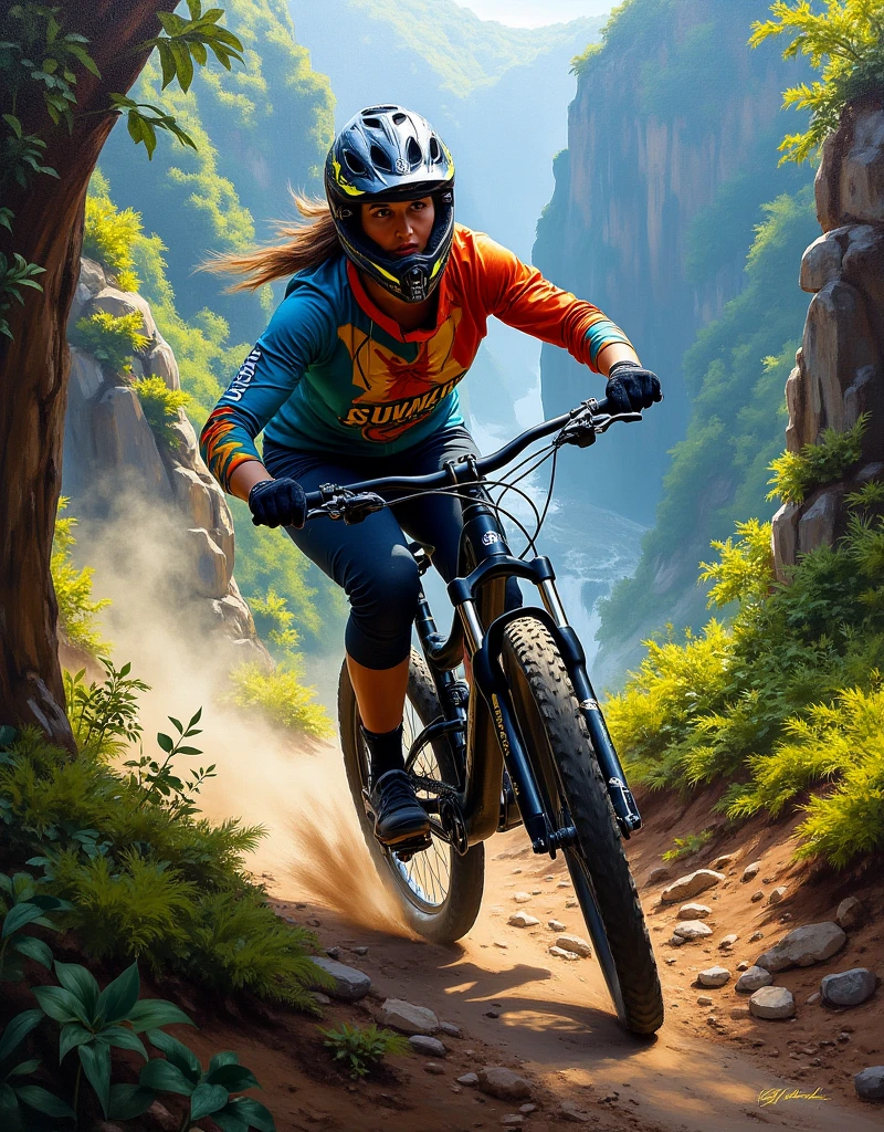 a woman donning vibrant MTB Jersey, she is riding a mountain bike along a winding down hill bike track in the woods near a cliff with winding river, hyper photo realistic oil on canvas painting in Don Lawrence Style, best quality, high details, high quality with a waterfall in the background