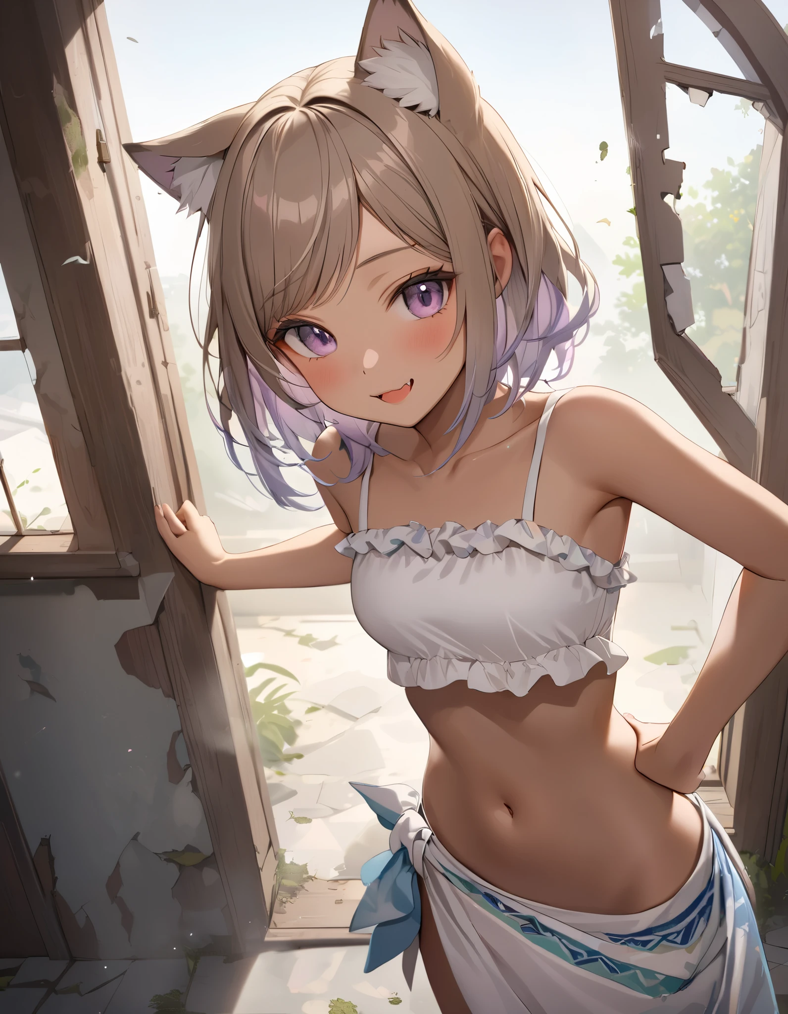 ((Masterpiece)), (Anime:1.5), ((best quality)), (RAW photo:1.2), (High Definition:1.3), (Professional Photography:1.2), (chromatic aberration), Textured skin, cinematic lighting, (()), from side, wide shot, cat ears, pale brown hair, ((sobbing)), Cute Beautiful girl, BREAK, ((best quality)), Textured skin, very unruly hair, (slightly exposed nipples), ragged camisole, (dirty white camisole), Cute pantie, Slender body, small breasts, slum townscape, (Sit with legs stretched out on the lawn, botanical garden),
