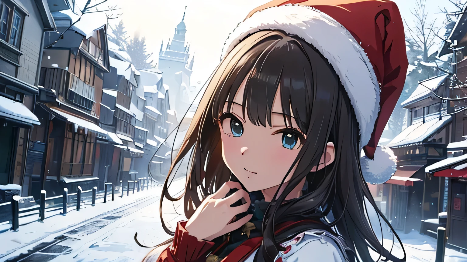  top quality、masterpiece、 Details、Shibuya Rin、 dark eyes、((Santa、Santa帽))、prayer、 snow is falling 、 fantasy 、 Jessica Biel 