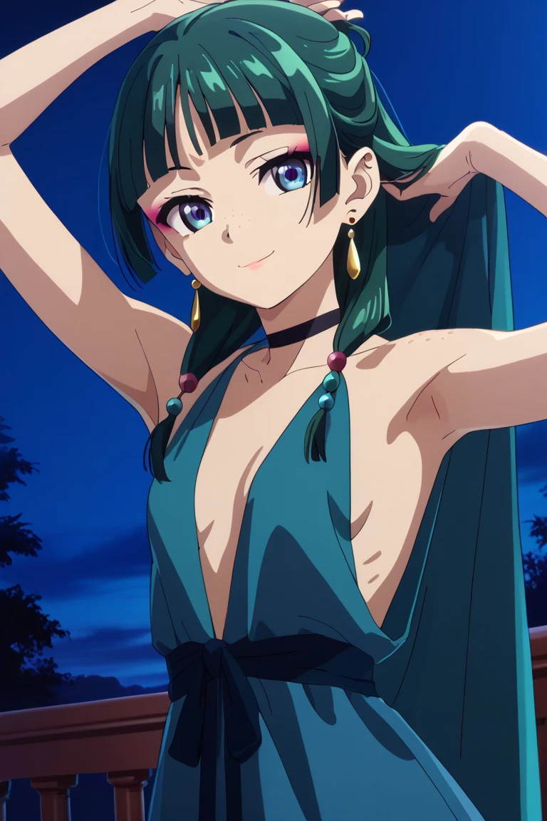 1girl, maomao, solo, green hair, long hair, blue eyes, BREAK blunt bangs, earrings, jewelry, freckles, straight hair, hair over shoulder, hair beads,  makeup, pink eyeliner, low twintails,, small breasts, pale skinned,    dynamic angle, takeda hiromitsu style,    dark blue evening dress with plunging neckline, golden earrings, golden rings, black choker with shining rhinestones, sideboobs, looking at viewer, soft smile, lovly smile,  petite, beautiful, night, armpits