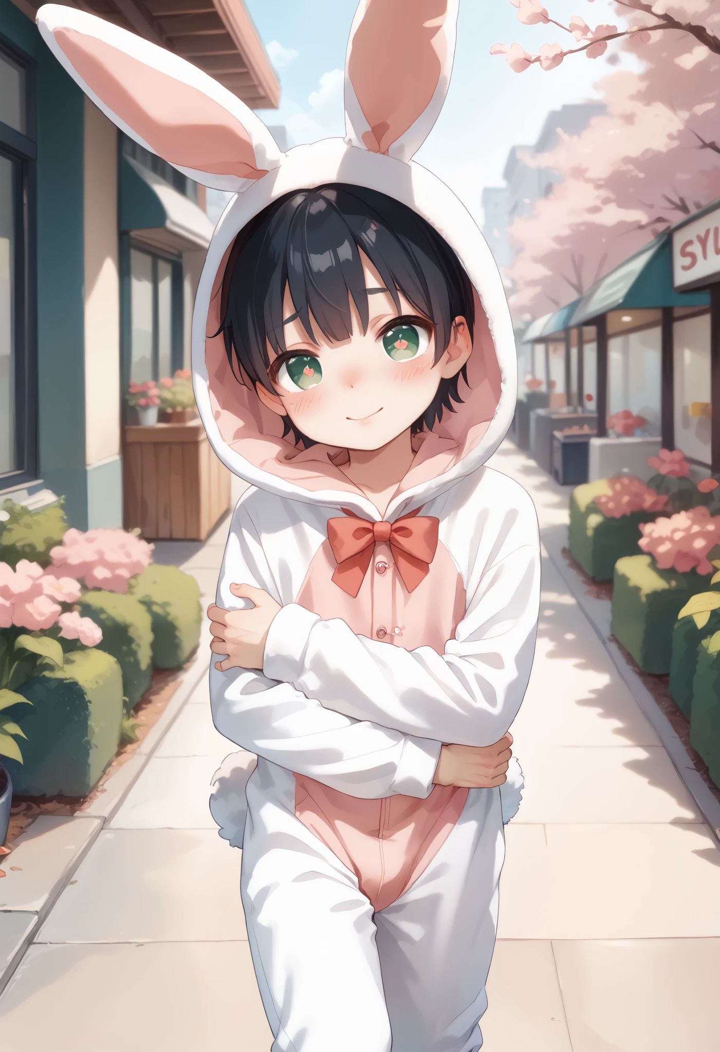 Comic style, comic anime cute boy, black hair, green eyes, slightly blushing, is a primary school boy, baby clothes, bunny suit pink, cute face, big eyes, anime drawing style, shota boy size,slim body, boy's body, gay, boys love it, man and boy, heart in pupil baby boy, small boy, arm hug holding boyfriend