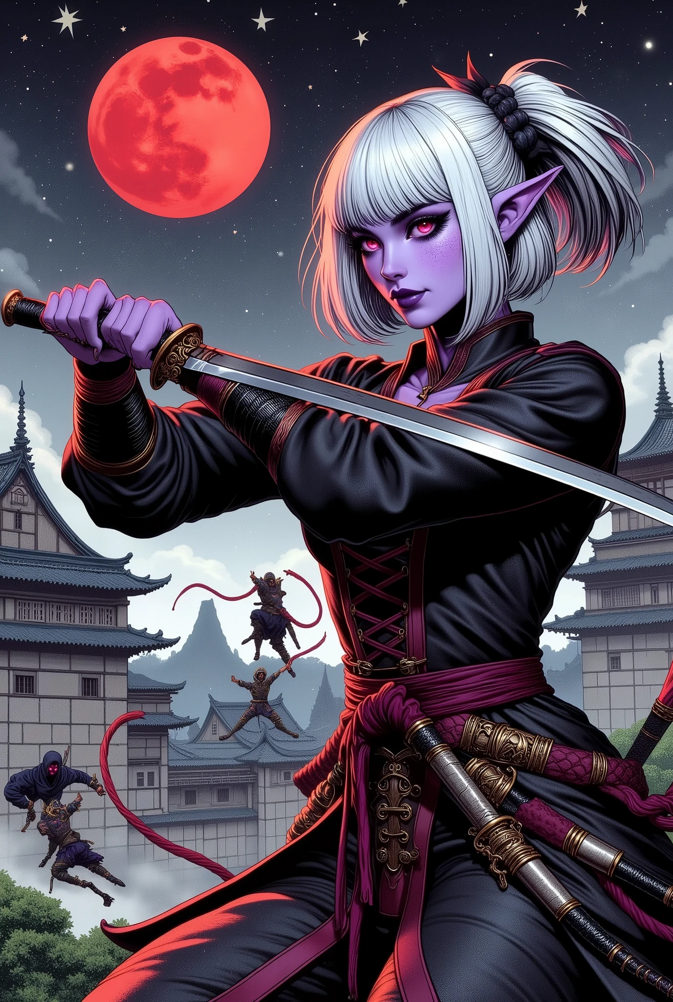 (Ultra-detailed face, Looking away, Fantasy Illustration with Gothic, Dark tone colors. A view looking up at the sky from the roof of the castle tower.), BREAK 
(A sky with a red moon rising in a starry sky. The roof of a castle keep in medieval Japan with a strong wind blowing directly across the roof. A dark elf female samurai is fighting on the roof, surrounded by a group of ninjas dressed all in black and wearing kimonos and hoods. Several long red tapes are trailing from the sword as the female samurai takes a large step and cleaves it sideways toward the ninja in a bold pose. At the enemy the ninja holds up his sword, jumps, and crawls onto the roof, aiming at the female samurai. The female samurai scowls.), BREAK 
(The young dark elf female samurai has white hair, white eyebrows, blunt bangs, ankle-length long messy hair tied in a ribbon at the back of her neck, small pink lips, dark purple skin, and thick eyeliner.), BREAK 
(A female dark elf druid wears a deep red Japanese kimono with a pink cherry blossom pattern with gold trim and silver lace ruffles, a wide jet-black sash around her waist, and an ancient-looking dagger at her hip. He wears bare feet and sandals.), BREAK 
(This is a medieval Japanese castle town in the season of deep autumn. On the roof of the castle keep, an enemy ninja and a female samurai are engaged in a fight to the death. The design is like an illustration from a story. Leading lines expressing movement. The enemy ninja's eyes are glowing red and his sword is reflecting the moonlight, shining red and suspiciously.)