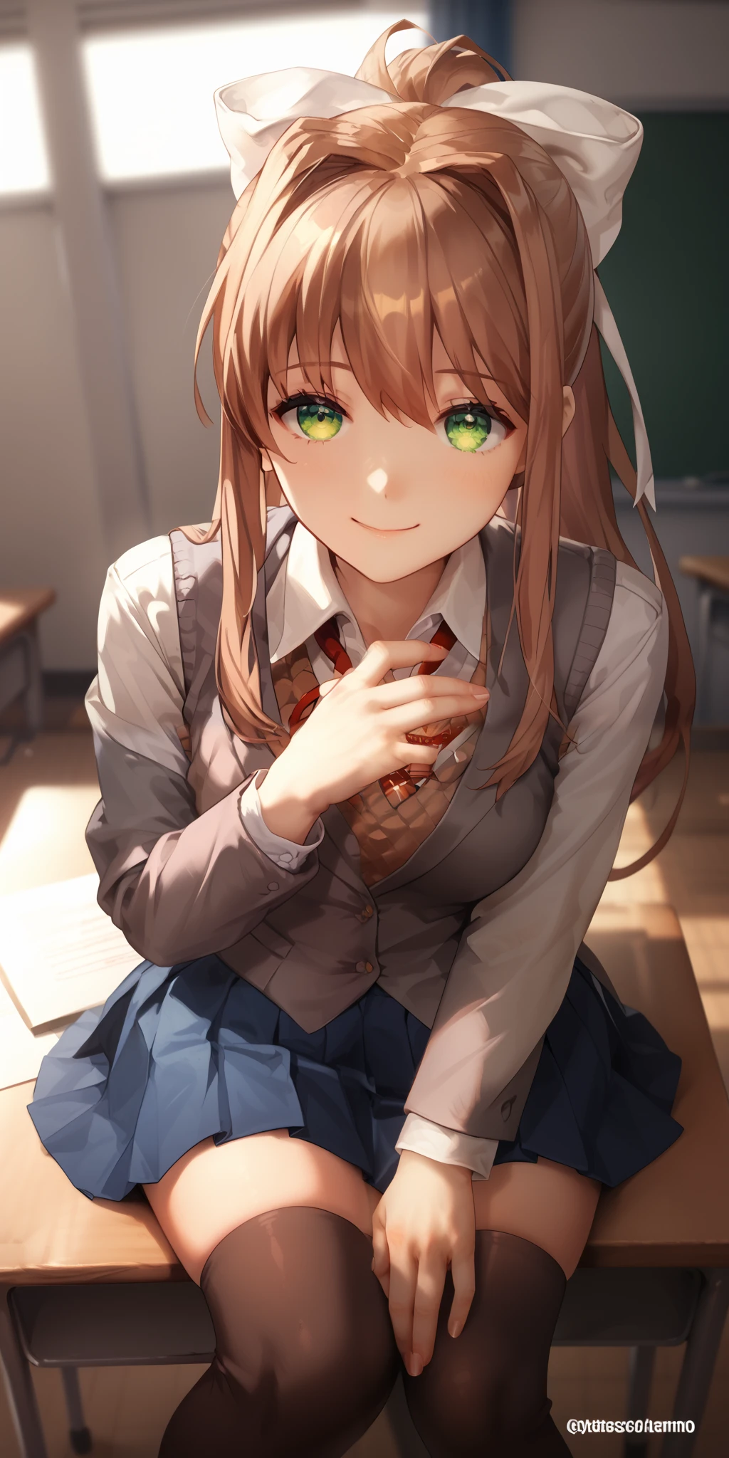 (best quality), (ultra detailed), (masterpiece), (highres), 1 girl, monika (doki doki literature club), looking at viewer, ((cinematic light)), hyper detail, dramatic light, intricate details, dynamic angle, (green eyes), solo, long hair, brown hair, ponytail tied back with a large white bow, warm gray blazer fully buttoned and untucked, brown sweater vest, white shirt fully buttoned and tucked, red ribbon as a tie, dark blue pleated skirt, black thigh-high socks and white uwabaki slippers with pink tips, closed mouth with smile, black knee-high stockings, thighhighs, thick thighs, sitting behind a desk, head resting on clasped hands, elbows resting on the desk, an simple empty classroom in the background