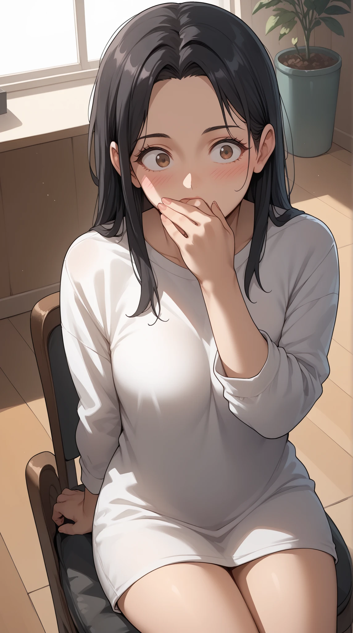 Anime-style character, source_anime, 1woman, Adult, mature woman, 24 year old, Cool anime girl, oversize t-shirt (long sleeve, Black color, casual:1.3), cargo oversize, hand over own mouth, covering own mouth surprised look, blush, (perfect anatomy, perfect proportions, perfect figure:1.3), (deep brown eyes, long hair, black hair, messy hair, shag haircut, curvy body, thick, flat breasts, Sitting on chair pose, (half body, medium shot, high angle, Looking away), (background: living room),