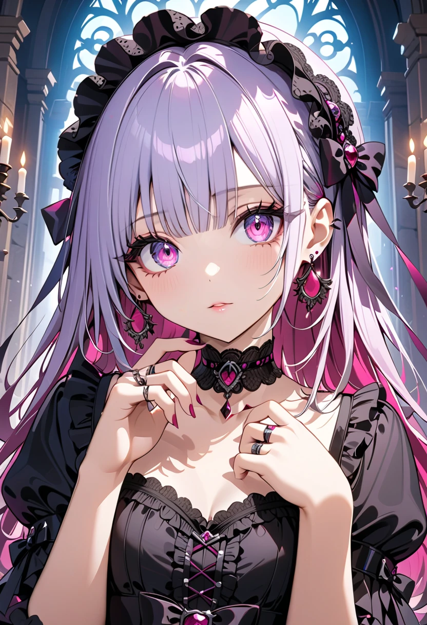 1 girl, ((Portrait of a beautiful girl in Lolita fashion: 1.4)), attractive face, elegant, gorgeous, (black gothic lolita dresses, choker, earrings, rings, jewelry), luxurious, detailed beautiful face, (shiny silver hair, long hair), glowing eyes, light reflecting in the eyes. (finely detailed beautiful eyes: 1.2), double eyelids, (eyelash: 1.2), (eye shadow: 1.2), cowboy shot, at a medieval european castle, ((very detailed, ultra-high resolution, absurdres, highres, masterpiece, best quality, very aesthetic, fine texture, newest, perfect lighting, best shadow, sharp focus, high color saturation)), (anatomically correct, perfect hands), (professional photography), ((anime art style)), great lighting,