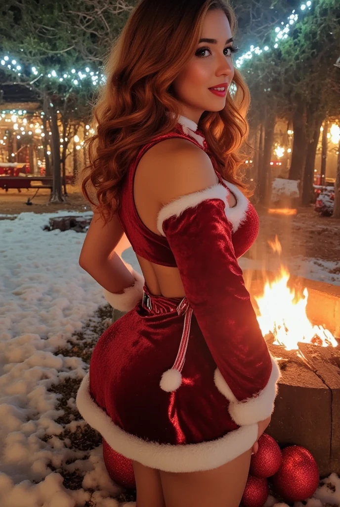 In a charming, snow-dusted village, a radiant woman named Mariela stands by a crackling bonfire, sexy christmas babe, wide hips and narrow waist, spreading festive cheer. Her long auburn hair cascades over her shoulders, glistening in the firelight. She wears a snug, crimson velvet dress trimmed with white faux fur, accentuating her hourglass figure, and warm, fur-lined boots. Her sparkling hazel eyes shine with joy as she hands out steaming mugs of hot cocoa to villagers, her melodic laughter mingling with the sound of holiday music. The warmth of her presence and her kind heart make the winter night feel magical and full of wonder.