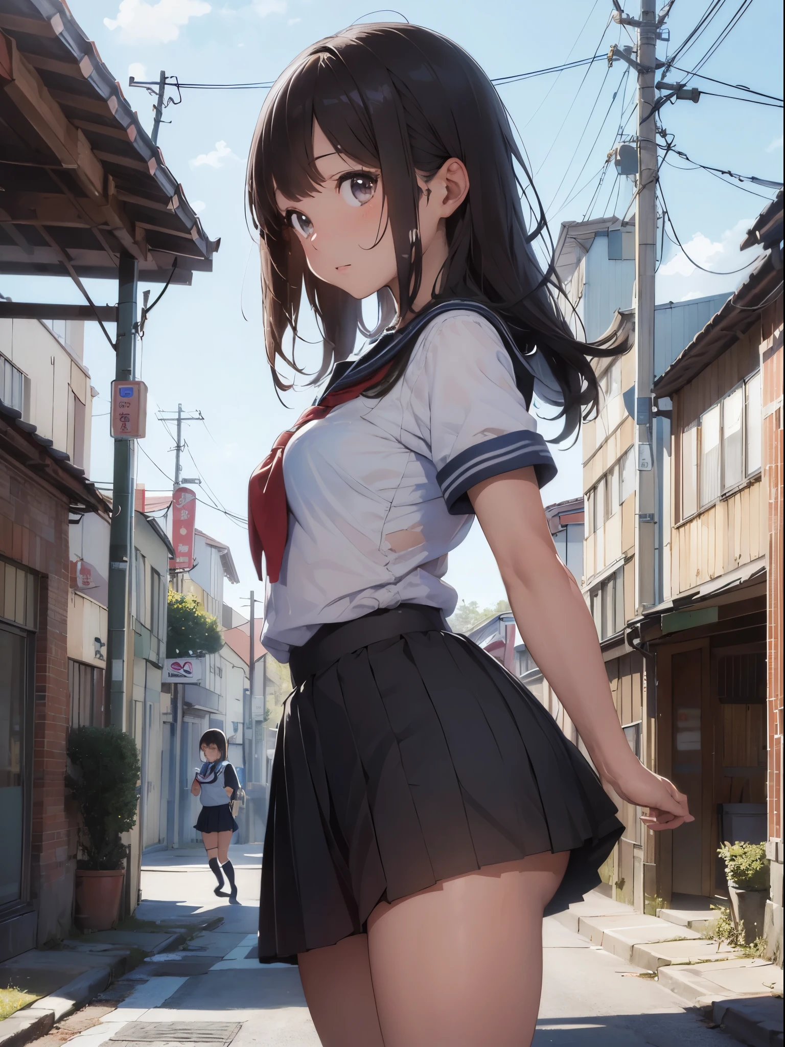 (masterpiece:2.0), (top-quality:2.0), (Ultra-miniskirt, extremely short schoolgirl uniform:1.5), ( Side View:1.5), ( sexy pose for everyone to hold:1.5), ( blushed:1.3), ( shirtless:1.3), (Spill :1.4), ( realistic :1.5), 1 , Accurate small hands, embarrassed expression , light smile , very cute girl like Himiko , , clear eyes, 輝く瞳, small breasts, can see cleavage, buttocks are visible, crotch visible , beautiful skin , Ultra High Definition, highest resolution, Japanese High School Student , brown hair, do
