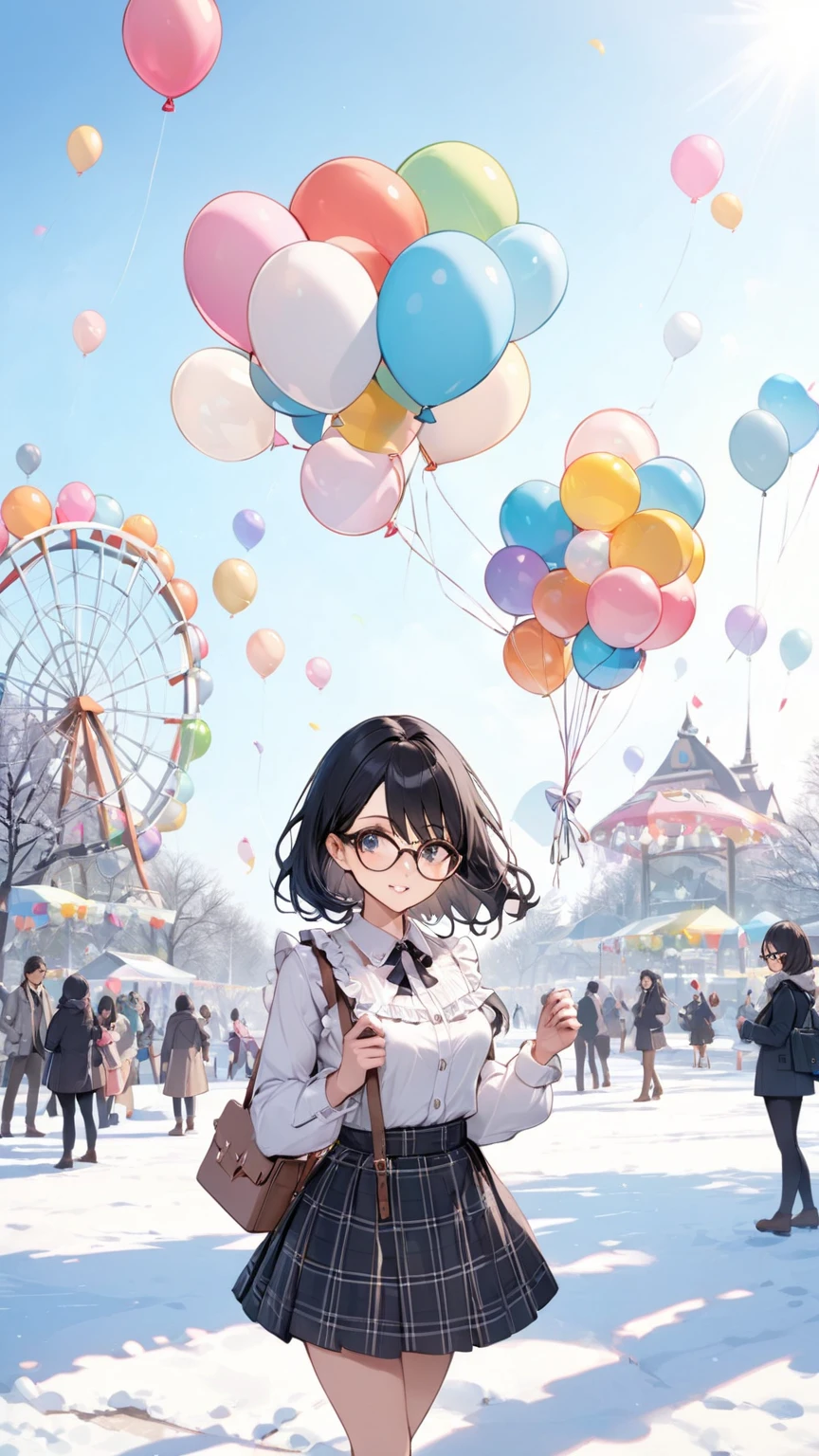 Black hair, glasses, frilly shirt, checked skirt, BREAK, balloon art, winter flower park